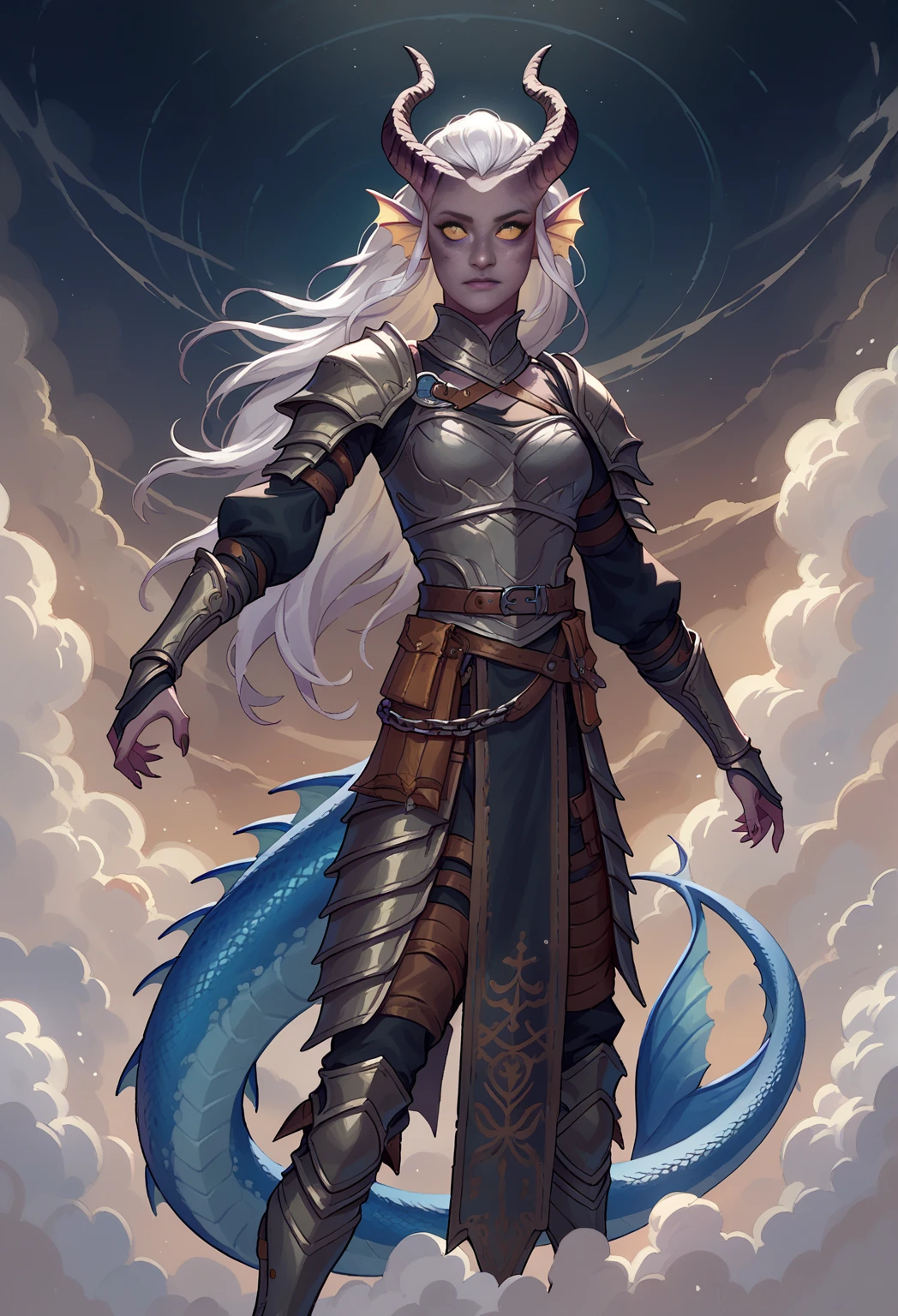 (1Тiefling ,  dark blue-gray skin :1.3), Right,   dynamic pose  ,  girl  ,  chainmail, gray-black armor ,   Thick blue tail protection,   closed mouth  ,  long, (Thick dragon tail ),   dark gray horns  , long hair white ,  One,   grey hair,  (  top quality ,  masterpiece ,   highest detail  ) , lies belly on  (( for a large sea serpent with a head similar to a fish with 4 fins:1.3)). blue tones, Dark tones,  fantasy background.  Clear water. clouds.  Dark colors , dark shades,  muted colors.  view from above .