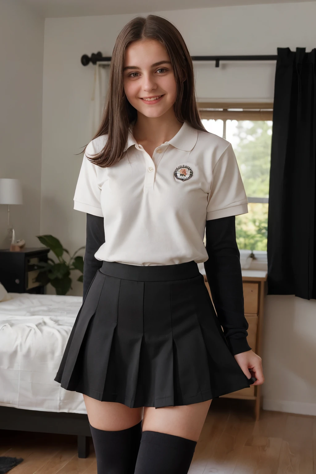 High quality shy and timid, cute nineteen year old girl,(photo quality) masterpiece, 4k high res, shy pose, black knee length school skirt, and a plain polo shirt, teasing, hair middle part, ((embarrassed)) relaxed in her bedroom (black skirt) turned on, slim, amused, ((perky breasts)) leggings ((flathair)) cute, ((innocent))((arms behind her back))