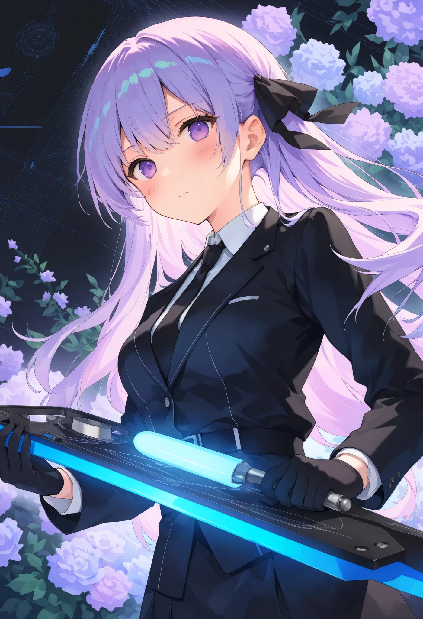 masterpiece, best quality, 8k, highres, ultra-detailed,HDR, UHD,BREAK,Futurism,Scratchboard,best quality,highly detailed,drkgirl,aya,long light purple hair,purple eyes,black uniform,red tie,black ribbon,black gloves,floral background,geometric patterns,bright colors,focused gaze,waist up,soft lighting,dynamic composition
