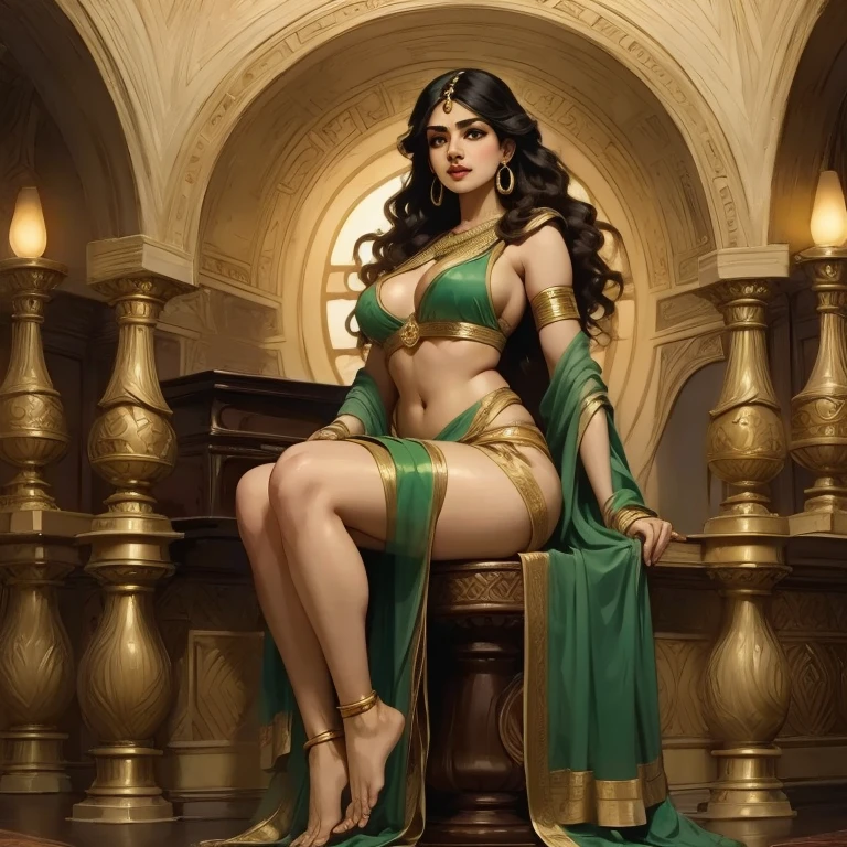 FIRST WORK, detailed anatomy , Shruti Bhatia female protagonist , usando dupatta(long shawl )  and a light green Saree , long silky black hair , gold hoop earrings on the ear , almond-shaped brown eyes , piercing no nariz,  full lips , round face,Huge breasts,  WIDE HIP,  thick thighs , dark skin tone,  bare feet , staring intently at the spectator ,  classical Indian residence scenario, Anatomically Correct ,  best quality,  Cinematic lighting, 