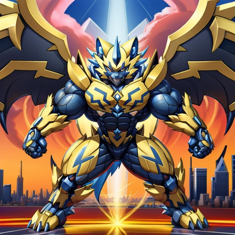 Appearance
(1) Zeraora in a giant robot exoskeleton, designed in his image.
(2) Full body detailed view, including head, abs, and musculature.
(3) Extremely muscular build: exaggerated pecs, triceps, traps, and uniquely developed physique.

Features
(1) Sharp claws and teeth, adding a ferocious edge.
(2) Long legs, emphasizing a commanding stance.
(3) Massive wings, golden in color, spreading across the sky.

Action
(1) Menacing pose with an arrogant expression.
(2) Destroying a city, reflecting sheer power.