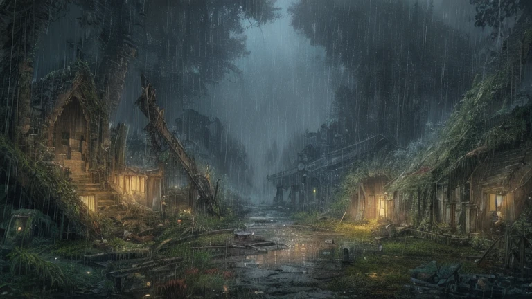 Night, Forgotten-ruins, remnants-of-forgotten-civilization, heavy-rain, sad, thunder, sheltered, small-fox, scared, glowing-crystals, high-quality-textures, deep-dark-forest, paths,, masterpiece, high quality, absurdres, 8k, highres, highly detailed, official art,