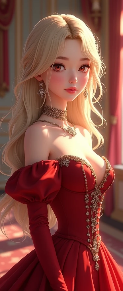 masterpiece, best quality, 8k, high resolution, 2D Digital art style, 1girl, solo, perfect composition, the rule of thirds, detailed modern styled victorian dress, cleavage, original character artwork, solo focus, (vampire Princess), queen mentality, extremely long voluminous white hair, thin waist, wide hips, beautiful red detailed eyes, Rococo style room background, roses and cherries, light particles, red,gold tetradic colors, volumetric lighting, dramatic lighting, indoors, (white, gold, red gradient:1.5), realistic, ultra-detailed, volumetric lighting, intricate details
