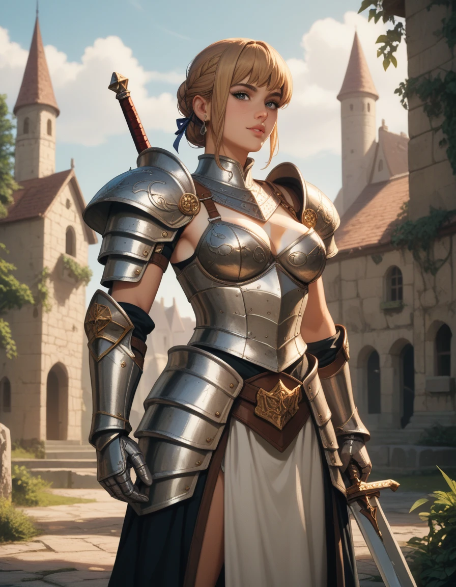 Beautiful Royal knight, knighthood, old heavy armor, cupless armor, breasts out, big ((perky)) tits, tanlines, long sword, sword above shoulder, fantasy, old stone town. Soft light. Cinematic. Sci fi. 90's anime. Best quality.