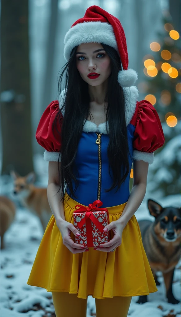 masterpiece, highest quality, high quality photo 8k, cinematic lighting, deep shadow, 1 girl, german girl as snow white sitting on here lnees in the winter forest, beautiful face, snow white pale skin, red lipstick, bright blue eyes, fearless smile, smooth and soft skin,( extremely skinny anorexic body:2.2), slender slim tall body, ((extremely long skinny legs:1.9)), ((Long black shiny hair with a red and white santa hat on here head )), holding a red and white christmas present, looking at the camera, (standing in the dark enchanted winter forest with lots of snow and various wild animals around her), (morning lighting with bautiful sunlight through the whinter forest), (a lit christmas tree in the background), model posing, front view, ((cowboy photo)), (snow white dress in blue color with red details on the puffed sleeves and short yellow mini skirt), santa hat on here head, (Long yellow silk stockings),( red platform high heels), (20 inch platform high heels), intense lighting, ((Morning: 1.5)), behind here is a dark black scary evil looking santa with horns,