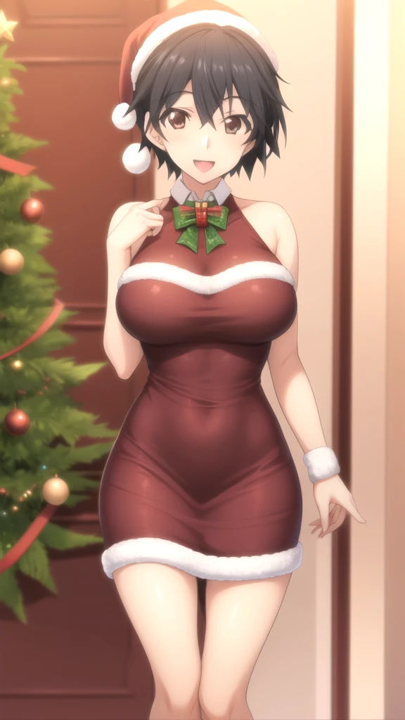 masterpiece, best quality, high quality, girl, solo, looking at viewer, ichika_orimura, black hair, brown eyes, large breasts, merry christmas Dress, standing, smile, open mouth,