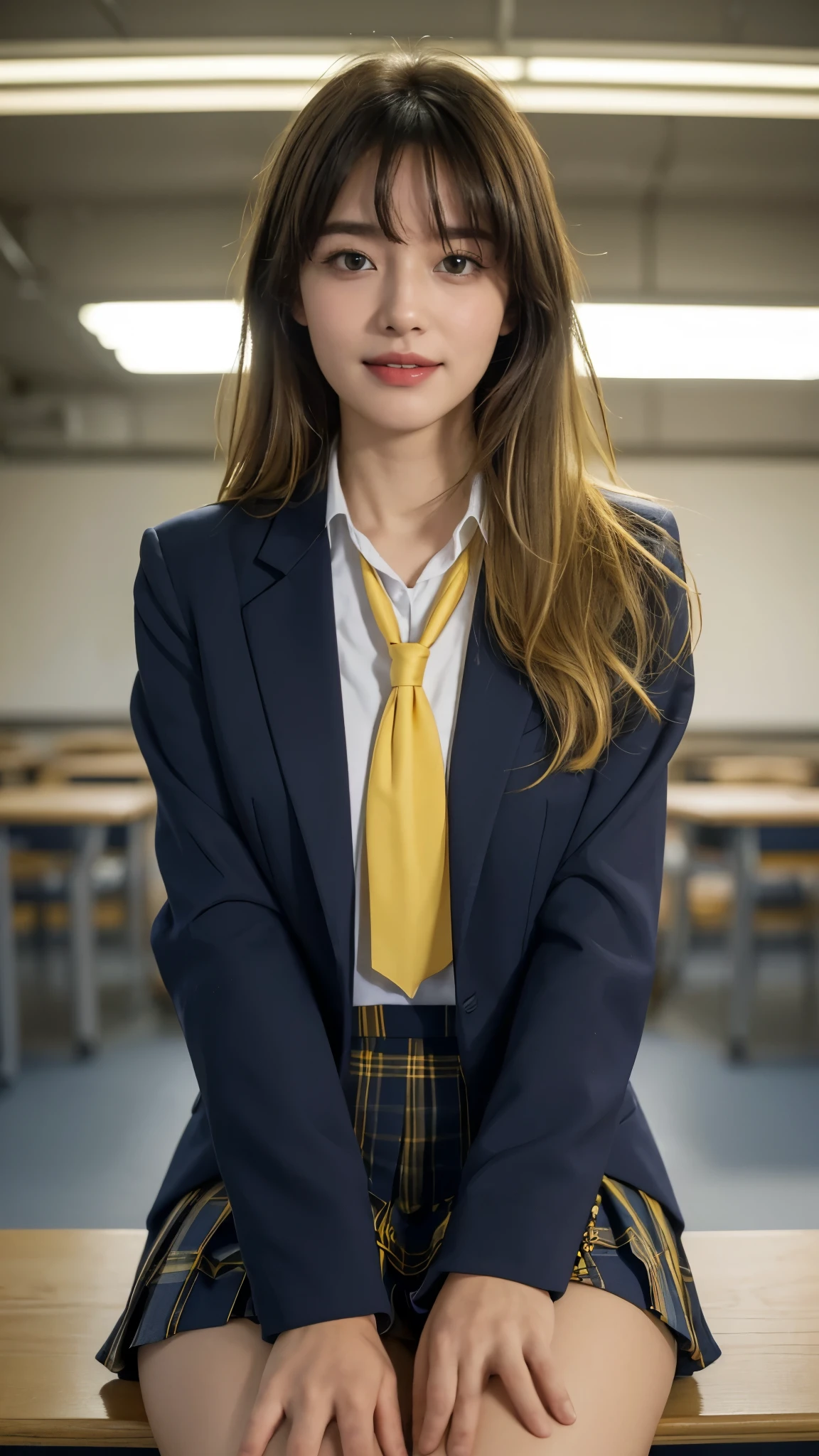 (Highest quality, 4K, 8k, High resolution, masterpiece, Genuine, Realistic, Realistic:1.3), (upper body), Girl sitting on the school desk in classroom, blue neckerchief Uniform, Dark Blown Blazer, blown plaid skirt, Gal Makeup, wearing white collared shirts, dark black pantyhose, ((yellow hair)), Gold Bracelets, 18-year-old, bangs, grin,Thighs, knees, From below, pinching skirt:0.7, open legs:0.8,