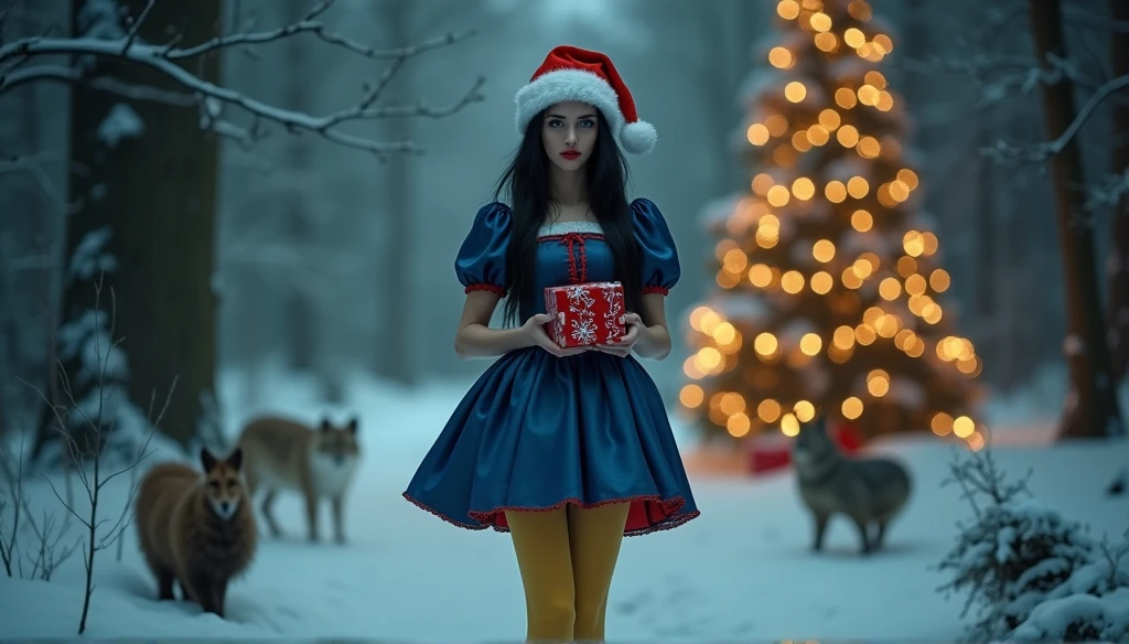 masterpiece, highest quality, high quality photo 8k, cinematic lighting, deep shadow, 1 girl, german girl as snow white sitting on here lnees in the winter forest, beautiful face, snow white pale skin, red lipstick, bright blue eyes, fearless smile, smooth and soft skin,( extremely skinny anorexic body:2.2), slender slim tall body, ((extremely long skinny legs:1.9)), ((Long black shiny hair with a red and white santa hat on here head )), holding a red and white christmas present, looking at the camera, (standing in the dark enchanted winter forest with lots of snow and various wild animals around her), (morning lighting with bautiful sunlight through the whinter forest), (a lit christmas tree in the background), model posing, front view, ((cowboy photo)), (snow white dress in blue color with red details on the puffed sleeves and short yellow mini skirt), santa hat on here head, (Long yellow silk stockings),( red platform high heels), (20 inch platform high heels), intense lighting, ((Morning: 1.5)), behind here is a dark black scary evil looking santa with horns,