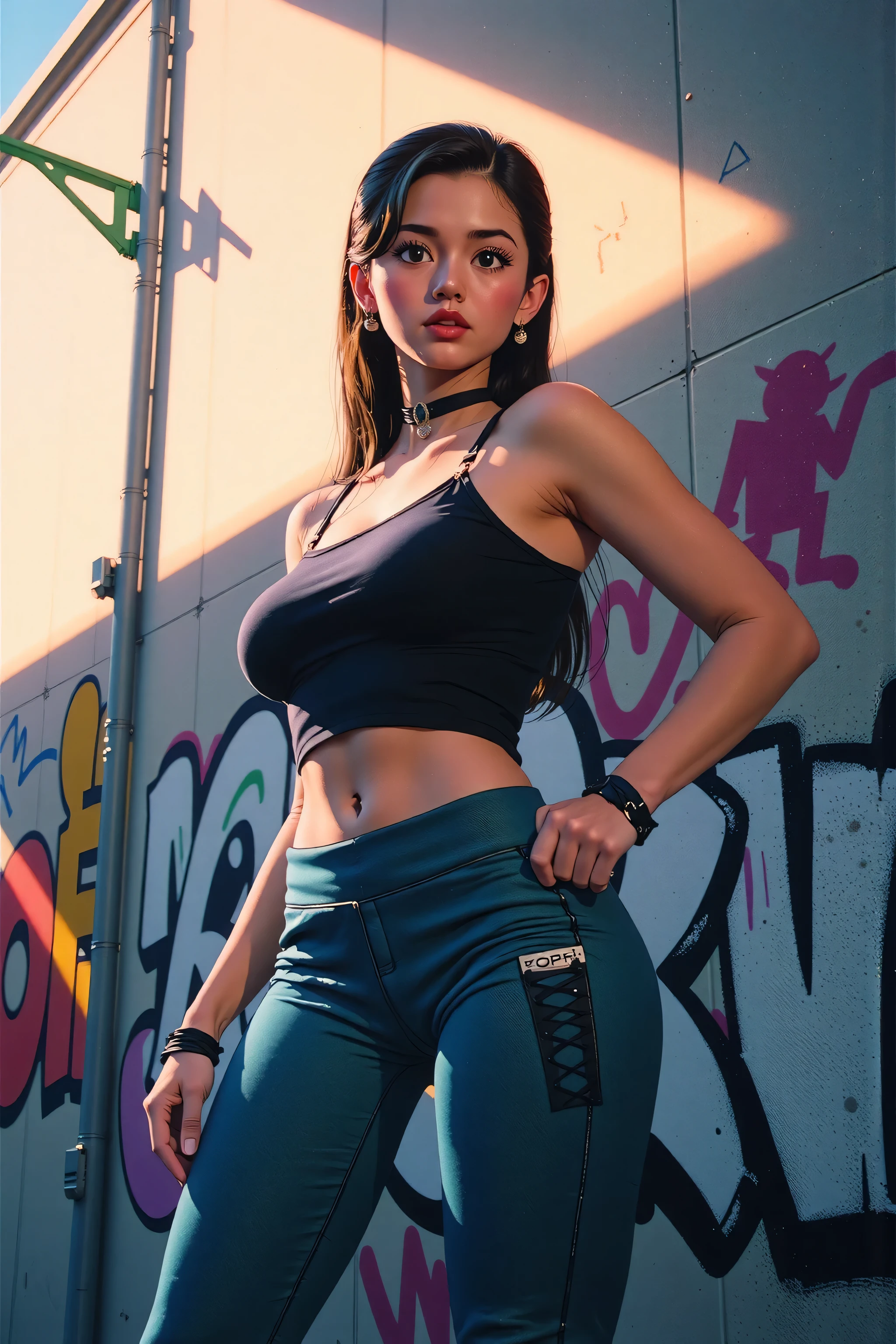 Sexy woman, ponytail, necklace, tank top, track pants, boots