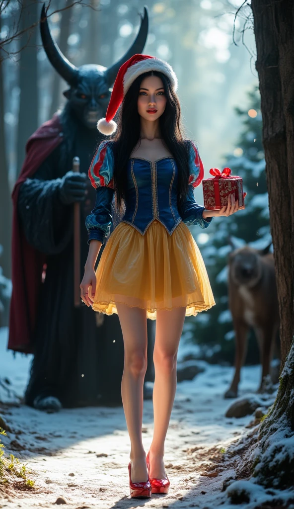 masterpiece, highest quality, high quality photo 8k, cinematic lighting, deep shadow, 1 girl, german girl as snow white, beautiful face, snow white pale skin, red lipstick, bright blue eyes, fearless smile, smooth and soft skin,( extremely skinny anorexic body:2.2), slender slim tall body, ((extremely long skinny legs:1.9)), ((Long black shiny hair with a red and white santa hat on here head )), holding a red and white christmas present, looking at the camera, (standing in the dark enchanted winter forest with lots of snow and various wild animals around her), (morning lighting with bautiful sunlight through the whinter forest), (a lit christmas tree in the background), model posing, front view, ((cowboy photo)), (snow white dress in blue color with red details on the puffed sleeves and short yellow mini skirt), santa hat on here head, (Long yellow silk stockings),( red platform high heels), (20 inch platform high heels), intense lighting, ((Morning: 1.5)), behind here is a dark black scary evil looking santa with horns,