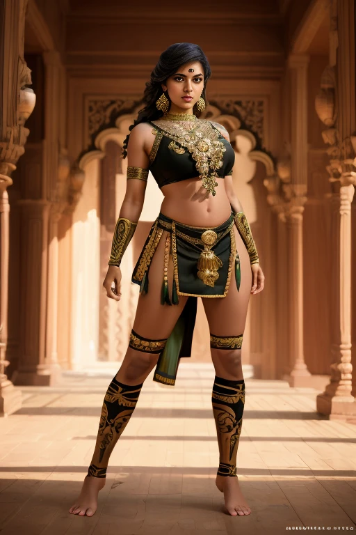 ((( masterpiece ))),((( best quality))), (( character design sheet,  Same character)),  character design sheet,  character reference sheet , FIRST WORK, detailed anatomy , Shruti Bhatia female protagonist , usando dupatta(long shawl )  and a light green Saree , long silky black hair , gold hoop earrings on the ear , almond-shaped brown eyes , piercing no nariz,  full lips , round face,Huge breasts,  WIDE HIP,  thick thighs , dark skin tone,  bare feet , staring intently at the spectator ,  classical Indian residence scenario, Anatomically Correct ,  best quality,  Cinematic lighting,
, character of the game,  RPG character , fighting pose, green mechas in the hair,  anime character , 8k, impressive quality
