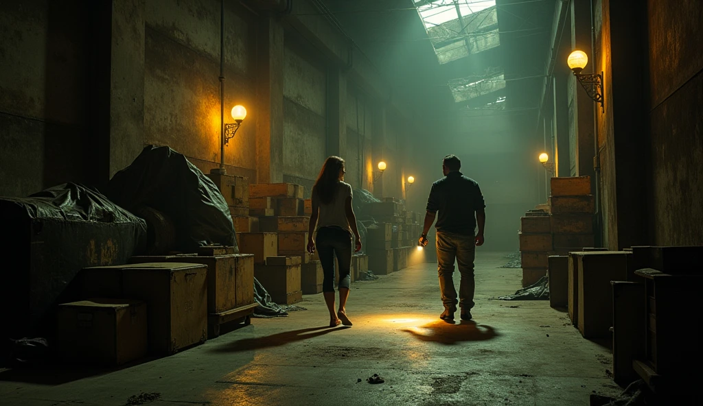 Create a picture of a man wearing construction work clothes being chased by a beautiful, sexy female ghost flying with an unfinished building in the background.