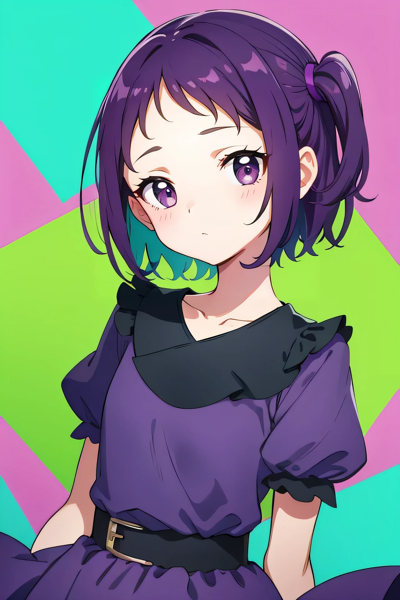 score_9, score_8_up, score_7_up, score_6_up, score_5_up, score_4_up, masterpiece, source_anime, c-onpu, c-casual, short hair, purple hair, hair tie, one side up, purple dress, green shirt, purple dress, green shirt, short sleeves, colorful background, looking at viewer, upper body,