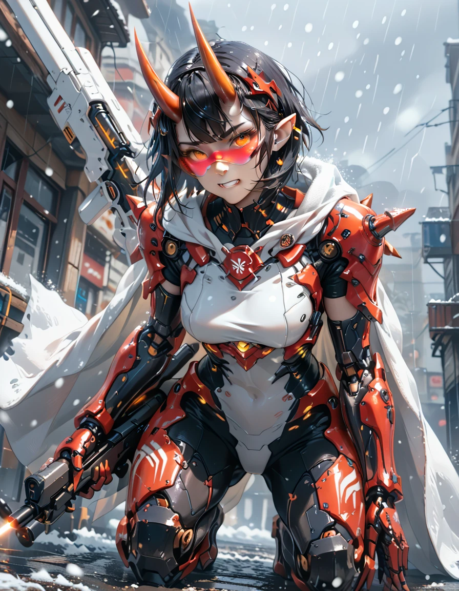 masterpiece, best quality, 1girl, purple skin, colored skin, pointy ears, orange eyes, slit pupils, oni horns, skin-covered horns, short hair, spiked hair, black hair, medium breasts, toned, torn cloak, headgear, orange visor, body armor, white bodysuit, mechanical arms, white cloak, mechanical legs, armored boots, muzzle flash, holding weapon, holding submachine gun, two-handed, serious, clenched teeth, on one knee, dynamic, laser, aiming, head tilt, leaning forward, facing to the side, outdoors, snowing, overcast, blizzard, wind, foreshortening, dutch angle, science fiction, 