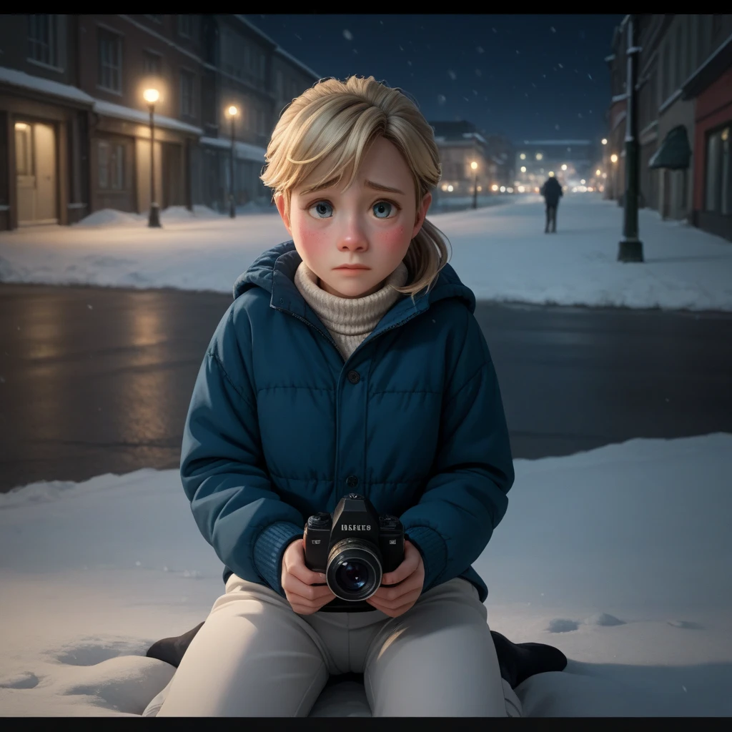 score_9, score_8_up, score_7_up, score_6_up, score_5_up, score_4_up, Ri_ley2, 1girl, blond hair, shy horny face looking at camera,  ponytail, portrait, blushing, white trousers,  legs,  kneeling, city winter night, snow, crop top, fucked in the pussy