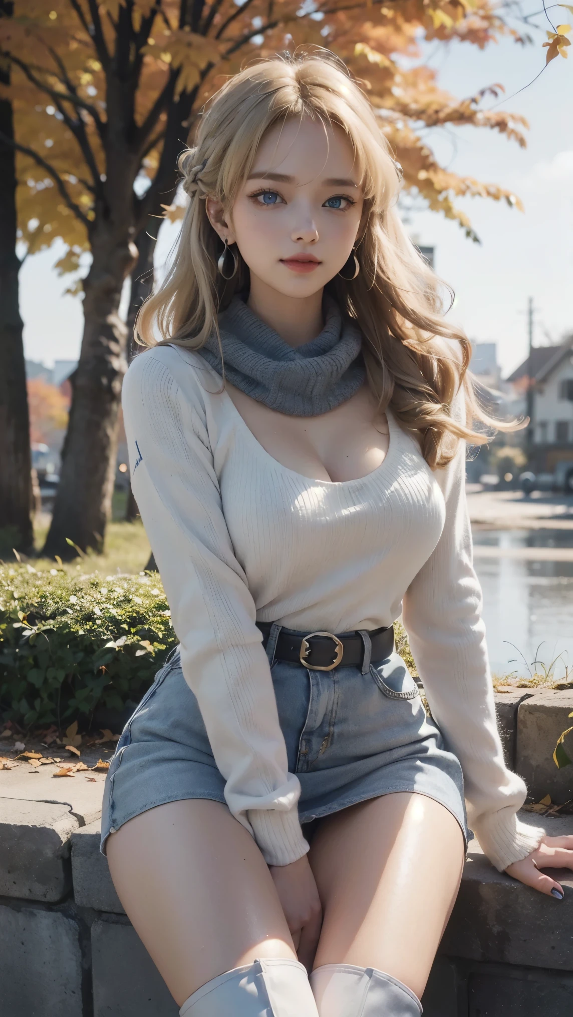 Asuma Toki,(best qualityer,4K,8k,high resolution,work of art:1.2)(weather: sunset), Mondstadt village background, autumn park, fall outfit, long fall sweater, belt, tight mini skirt, leaves embroidery, thigh high boots, scarf, silver earrings, cheek mole, short wavy hair, blonde hair, ultra detailed, realistic,portraite,beautiful detailed blue eyes, glowing eyes,blush,beautiful detailed lips,extremely detailed eye and face, long eyelashes,sexly,average, large breasts,beaming smile, sexy smile,powerful girl, elegant pose, stunning curves, bright coloured,dramatic lighting, maple trees, maple leaves falling,