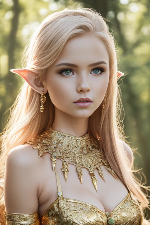  close up of a girl in , photo of Nata Lee ,  teenager, 18, Alone, Art aesthetics, (blonde, straight blondee hair, super long blondee hair,  light blue eyes ),  (some small freckles, pale skin,  very small , body runners), (Slim hips,  thin waist : 1.25), detailed skin, neutral face, cute smile elf ears , ((she wears a detailed pink one shoulder princess dress like princess Zelda, gold collar , Red gemstone necklace,gold earrings,gold bracelet, detailed background, Elvish garden, pavilion, city of elves, ( realistic photo ,  best quality, detailed), ( 8K wallpaper ), ( Cinematic lighting , beautiful light, (is:1.3)) ( sharp focus, intricate)