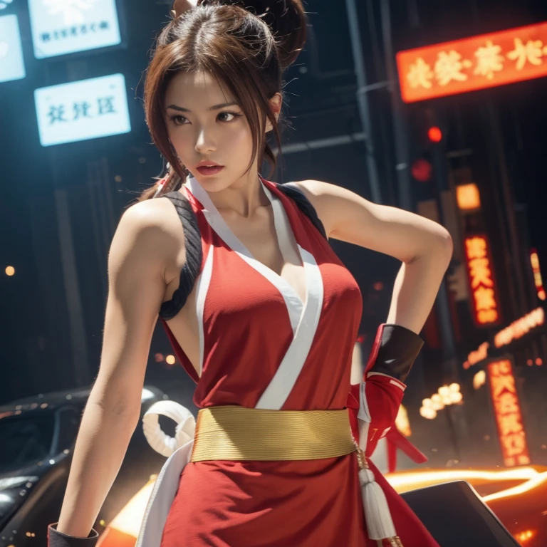 Mai Shiranui (KoF, Dead or Alive), .1girl, Solo, Masterpiece, High Resolution, Anatomically Correct, Textured Skin, Super Detailed, Best Quality, Long Hair, Ponytail, Fair skin, Brown Hair, Amber Eyes, Red and White Kunoichi Dress with red tassels at the back that are fastened to an obi around her waist, Ahegao, Large breasts, Afterimage, Blending, Cinematic Lighting, Realism, 