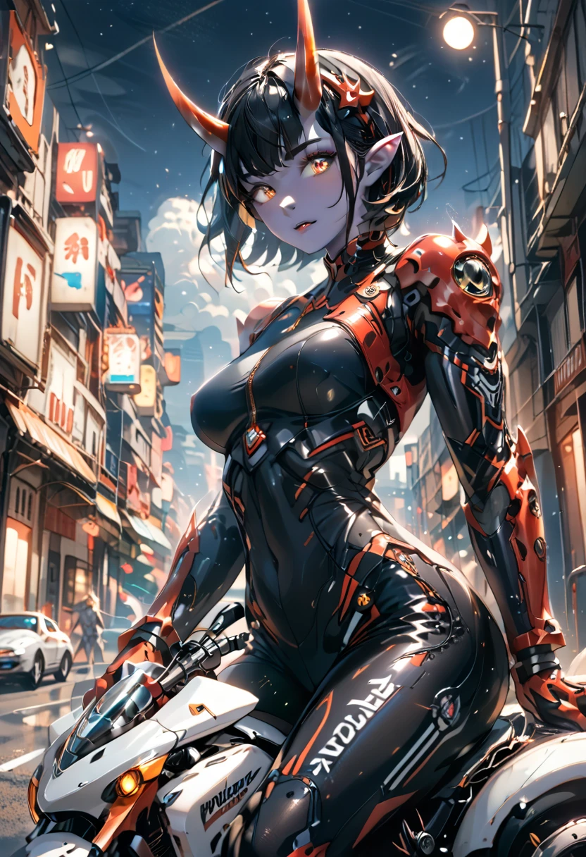 masterpiece, best quality, 1girl, purple skin, colored skin, pointy ears, orange eyes, slit pupils, oni horns, skin-covered horns, short hair, spiked hair, black hair, medium breasts, toned, biker clothes, bikesuit, bodysuit, gloves, driving, sitting, holding, leaning, airborne, floating, midair, outdoors, motorcycle, motor vehicle, ground vehicle, on vehicle, street, night, from below, wheel focus, motion lines, motion blur, drifting, foreshortening, 