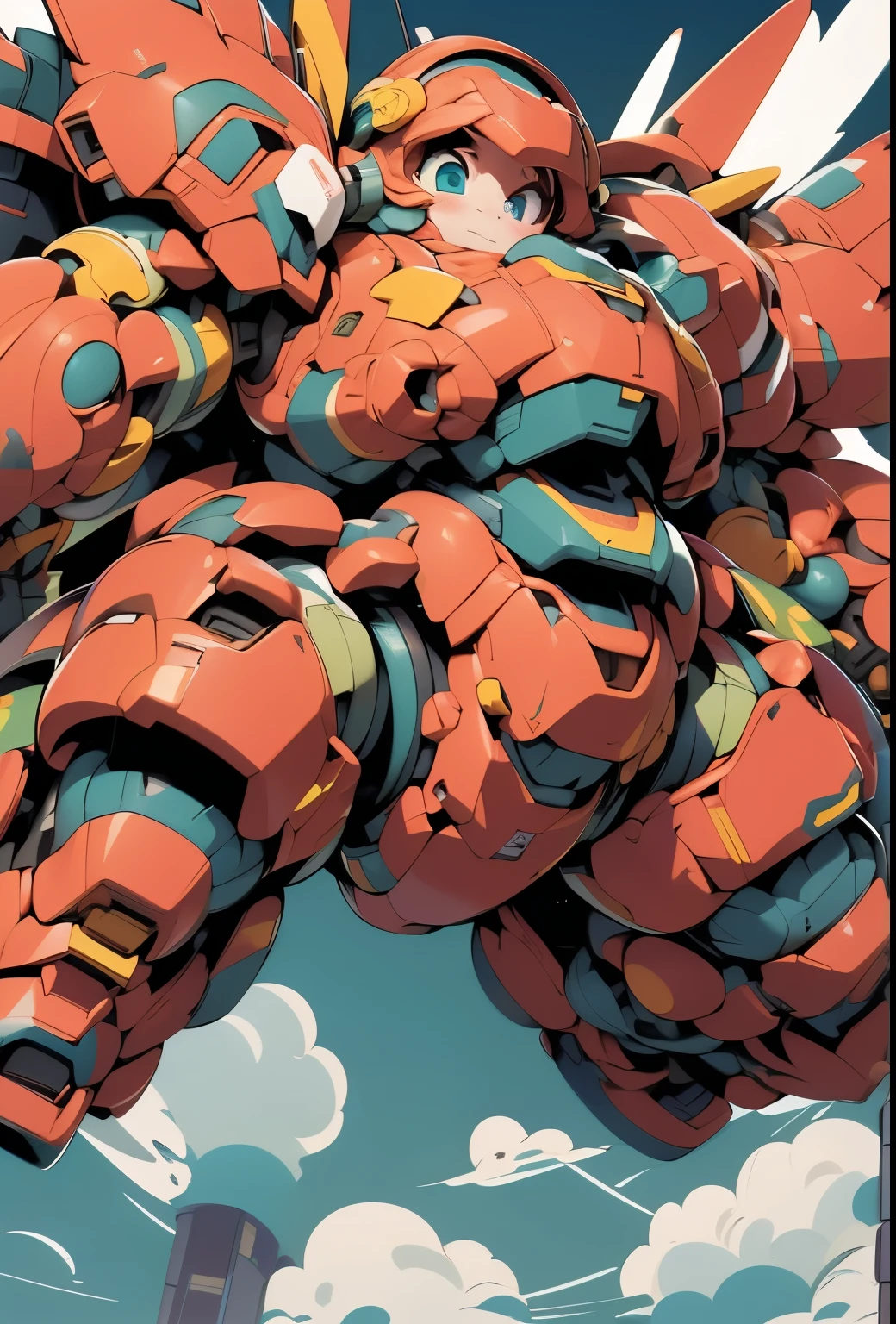 (((1 chibi girl in large robot costume, mecha helmet))), ssmile, (holding weapons), (chibi), (bulky:1.8), (((helmet:1.5))), large cute face, (((looking down:1.5))), mechanical parts, ((mechanical wings)), (full armor:1.8), (mecha armor:1.8), (shoulder guards:1.2),(huger arms), ((mechanical arms:1.5)), (short legs), (huger body:1.8), (heavy equipment:1.6), (from below), blue sky, white clouds, robot joints, becoming a mecha, mecha, (RARS), (HRS), ROBOTANIMESTYLE, BJ_Cute_Mech,cute, girl BREAK ((masterpiece)), vibrant colors, 8k, best quality, ultra detailed illustration, ((best quality)), ((high resolution)), flawless skin textures, shiny oiled skin, extremely detailed anime eyes , extreme light and shadow