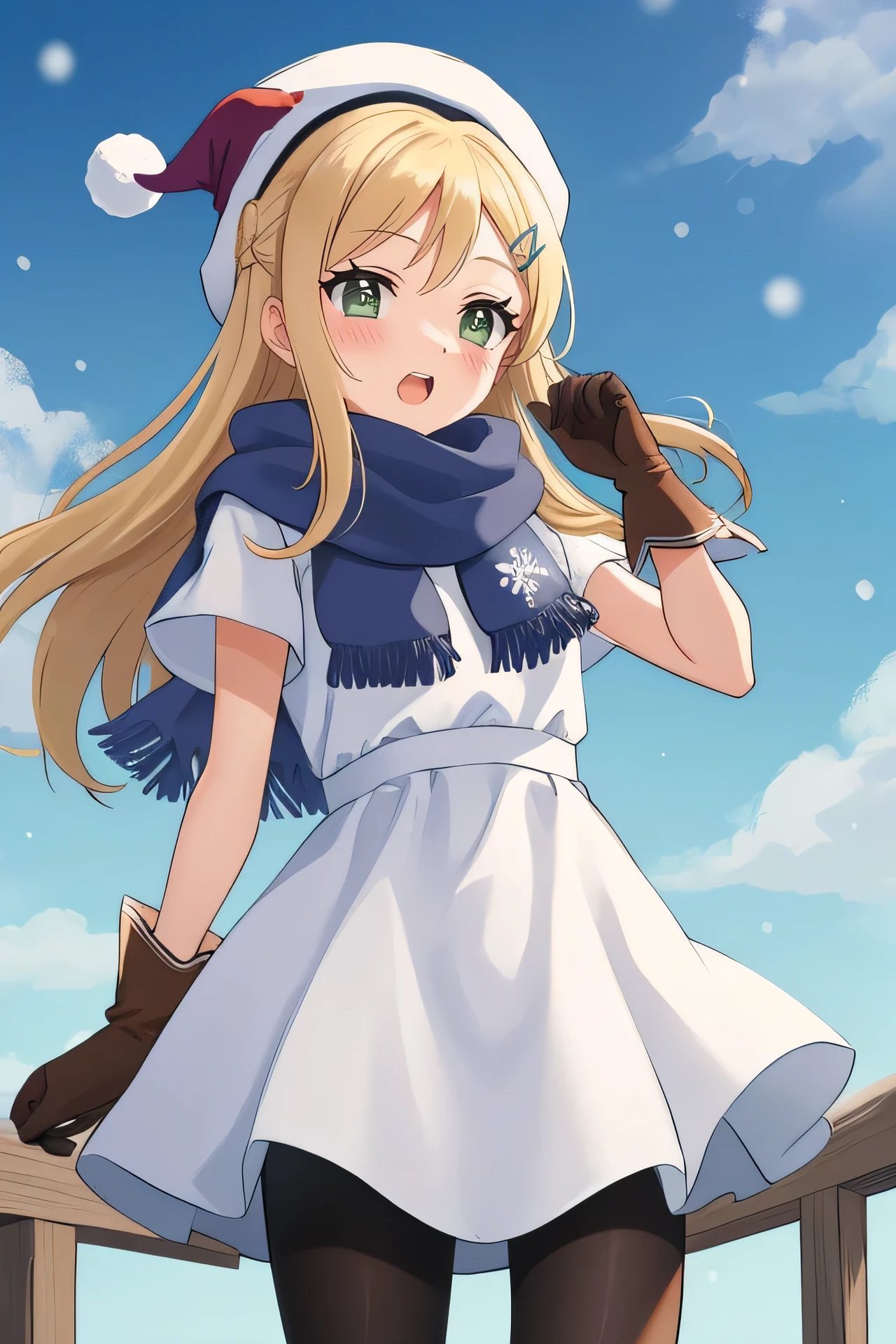 masterpiece, best quality, 1girl, 
outdoors, hair ornament, pantyhose, tree, long hair, sky, cloud, cloudy sky, snowing, white dress, looking up, :o, open mouth, blue sky, dress, winter, black pantyhose, hat, gloves, green eyes, white headwear, day, snowman, teeth, hairclip, standing, hand up, brown gloves, blonde hair, upper teeth only, scarf, green scarf