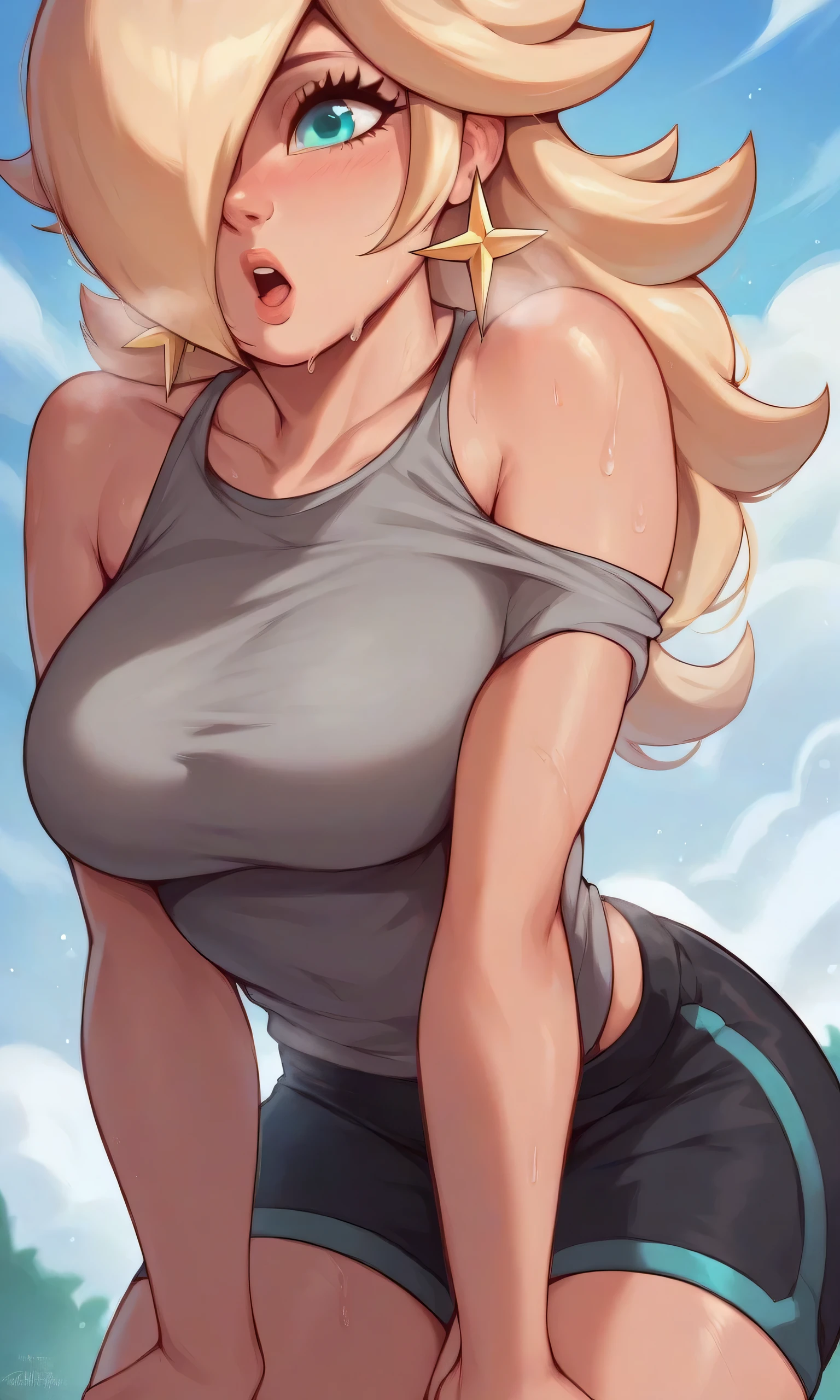 rosalina, blonde hair, long hair, hair over one eye, aqua eyes, cowboy shot, brown eyes, looking at the ground, large breasts, hands on knees, bending over, grey tanktop, sweaty, black shorts, extausted, open mouth, dripping sweat, sweating purfusly, chin sweating, arms sweaty, breathing, steam coming out her mouth, half body