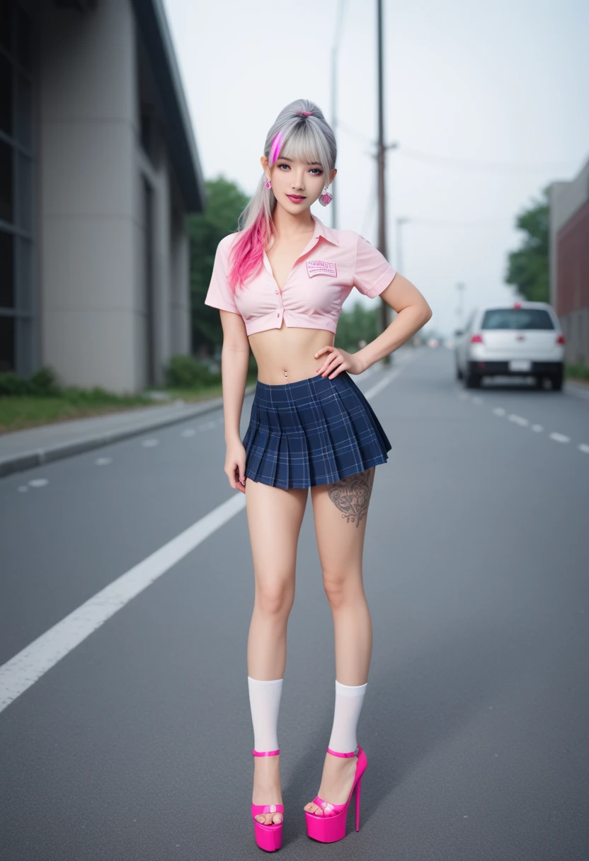 Realistic, perfect face, Sexy American girl, Very slim body, wearing a crop-top button shirt open, box pleated pink  micro skirt, white  knee high socks and very high hot-pink stripper platform heels. The top had the text 'Princess' on it . hair was framed in a high ponytail with pink highlights tied together using a silver hair clip.  face looked  like American ****** girl

ears are permanently pierced. Dangling from ears are two huge  hooped earrings. Combined with the pink belly-button piercing and  looked like a professional streetwalker. Standing on abandoned road, full body image, heels visible, legs visible, feet visible, full body image, legs visible, full body showing , lots of tattoos with "fuck me" written 