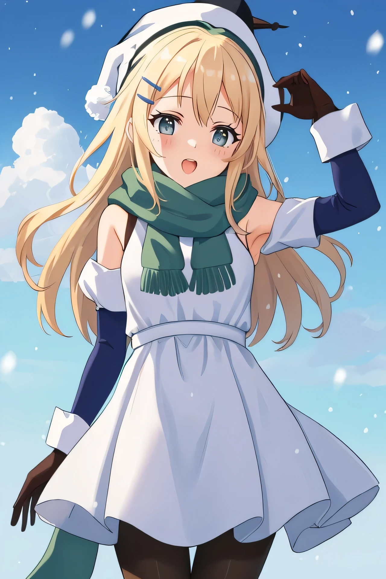 masterpiece, best quality, 1girl, 
outdoors, hair ornament, pantyhose, tree, long hair, sky, cloud, cloudy sky, snowing, white dress, looking up, :o, open mouth, blue sky, dress, winter, black pantyhose, hat, gloves, green eyes, white headwear, day, snowman, teeth, hairclip, standing, hand up, brown gloves, blonde hair, upper teeth only, scarf, green scarf