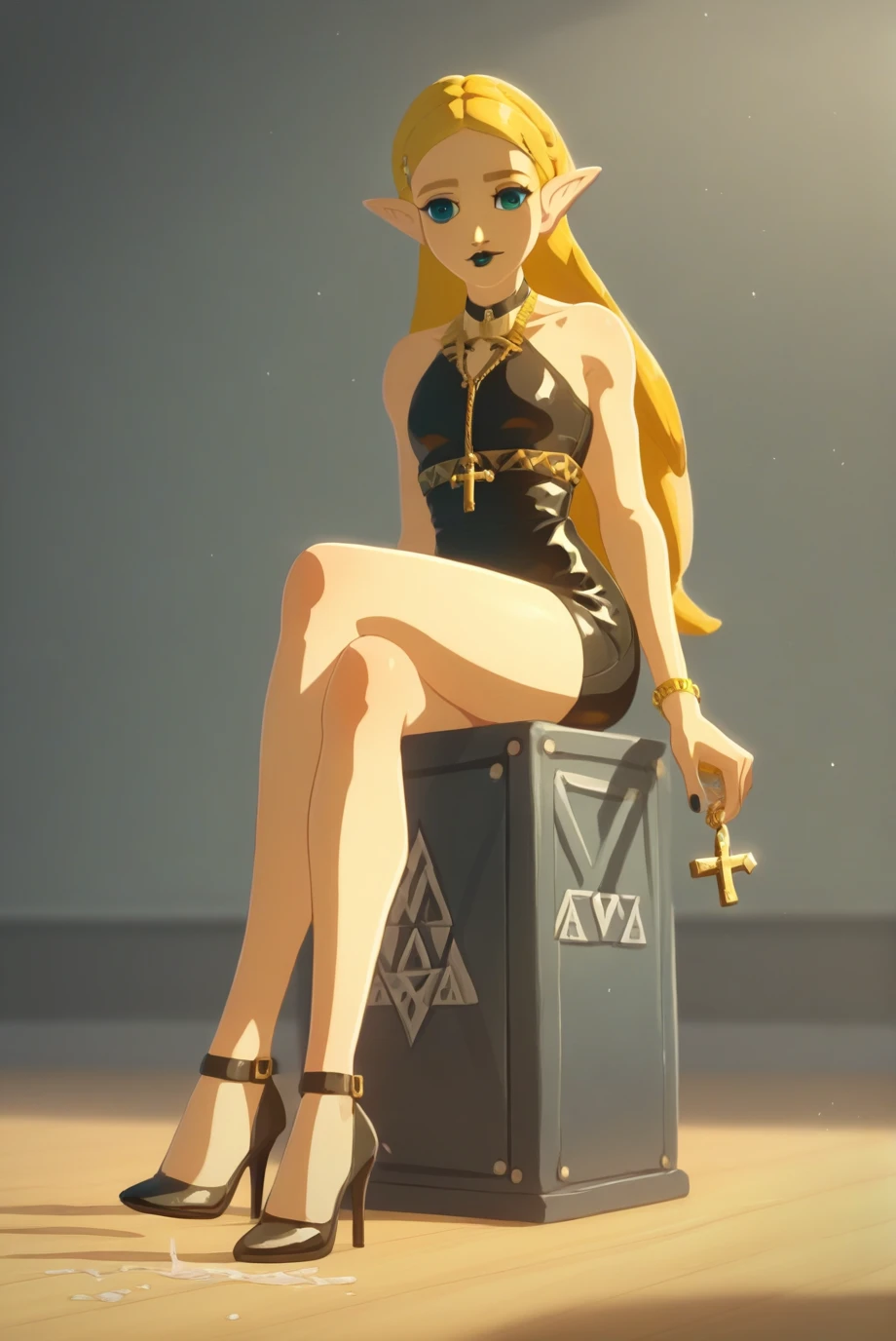 score_9, score_8_up, score_7_up, score_6_up, score_5_up, score_4_up, BREAK источник_anime,  1girl, One,  ChopioZelda,  blonde hair ,  aquamarine eyes ,  pointy ears ,  looks at the viewer ,  medium chest ,  long hair,   latex black very short sexy hooker dress, bare legs, gold bracelet,  black high-heeled shoes ,  full body, lock, black torture room bdsm room ,  sexy facial expression ,  closed mouth , happy,  red ,  sexy sitting position , cross legs , black lipstick, semen heels,