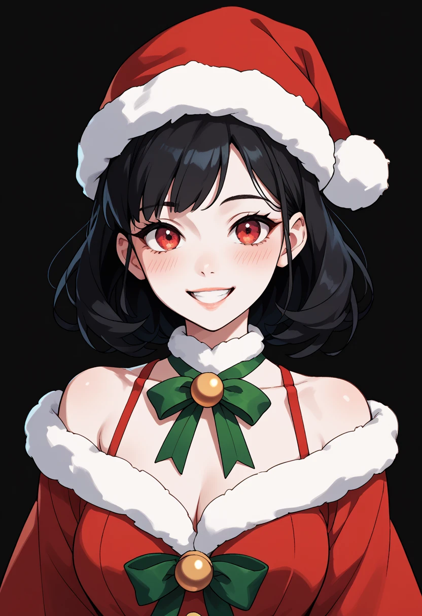 (line anime, high quality, alone, Beautiful weather), girl, white skin, red eyes, black hair, happy, blushes, Santas costume, Christmas 