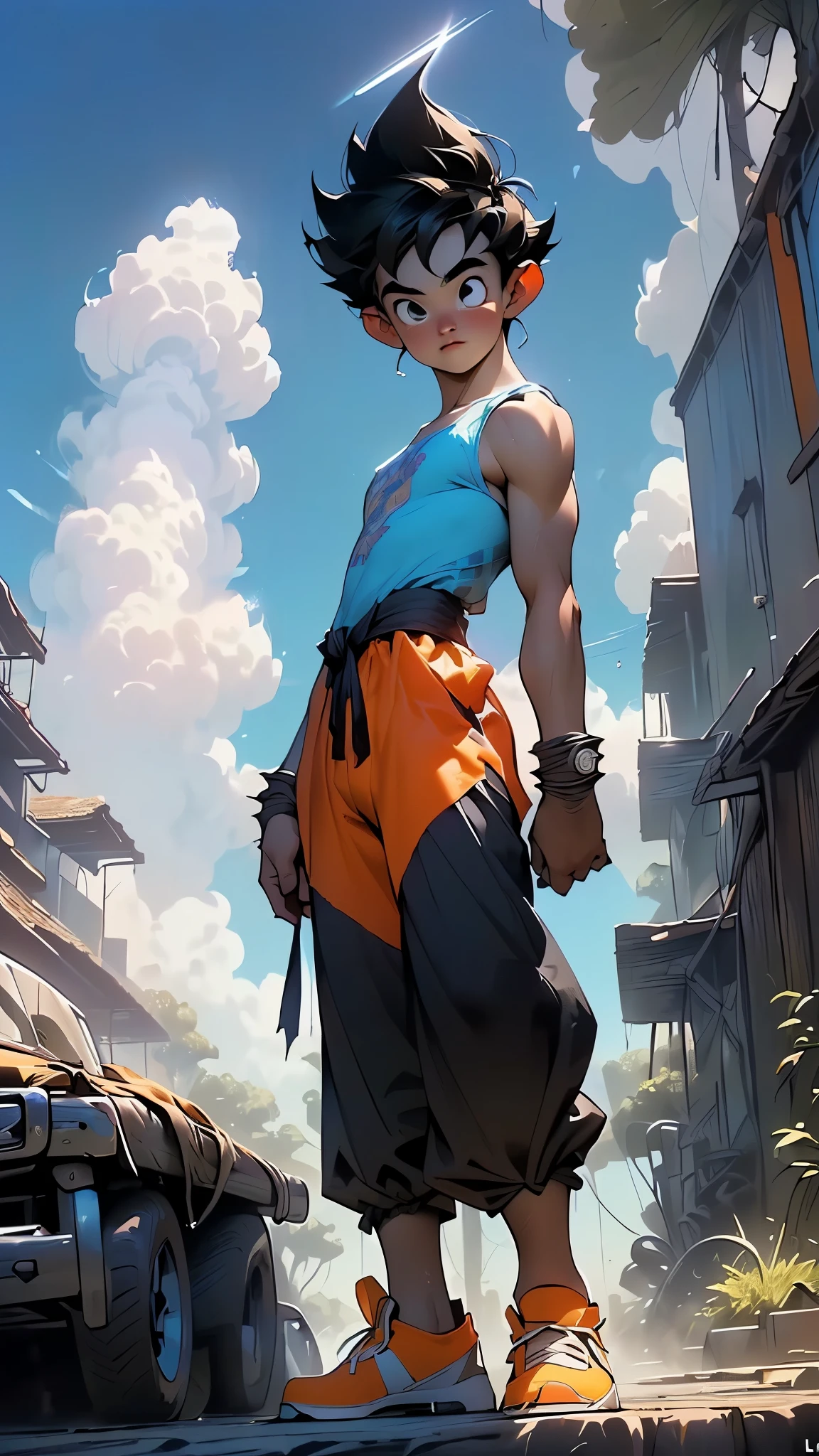 The 15-year-old boy with short, El cabello lacio se ve curiosamente, the bare back but dressed in typical clothes of ancient Egypt with dark skin is lost in the different streets of a city