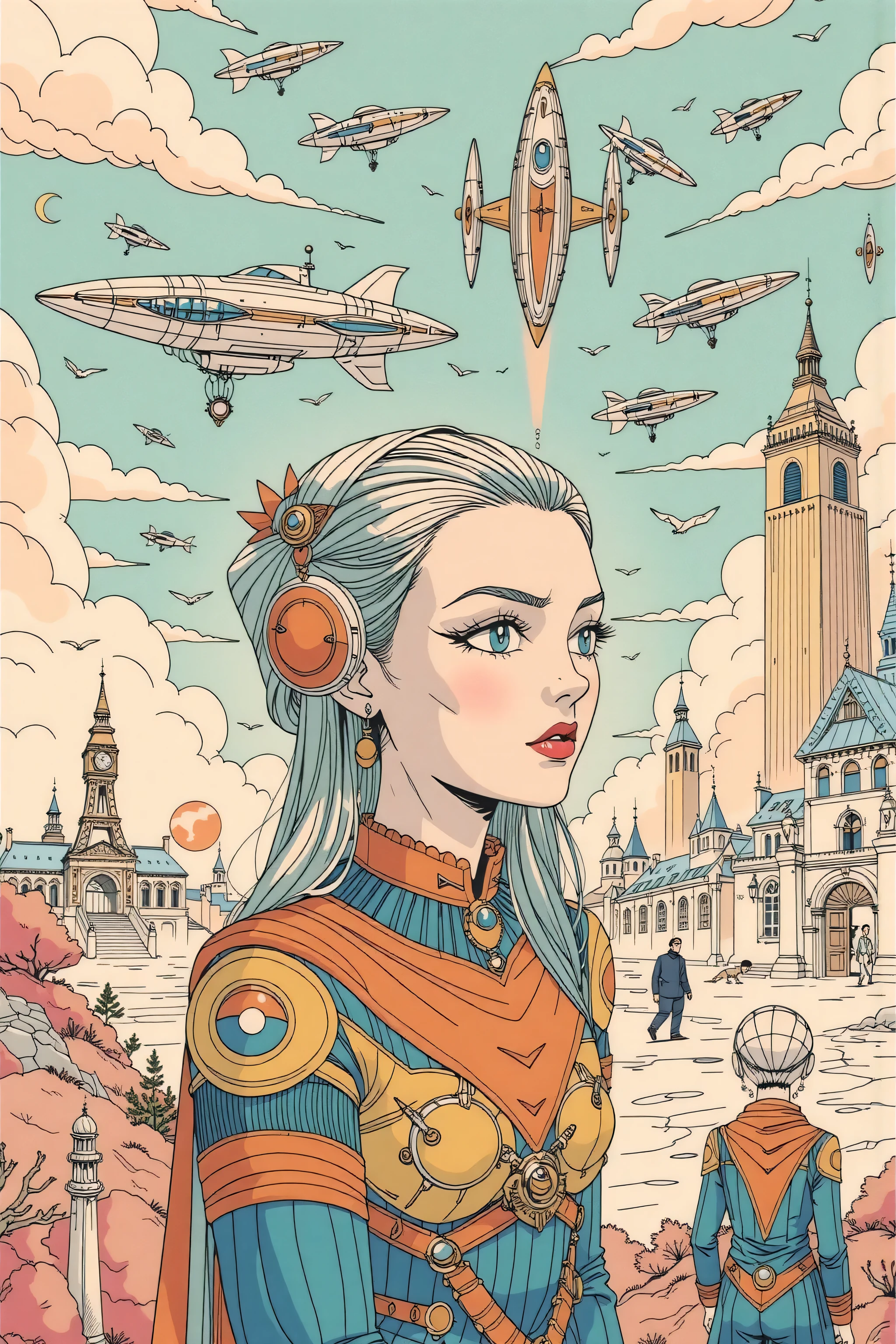 ((best quality)), ((masterpiece)), (detailed), perfect face, surreal, art nouveau, in the illustrative style of moebius, spaceships, aliens, fantasy, sci-fi, graphic novel, line drawing, french retro, 