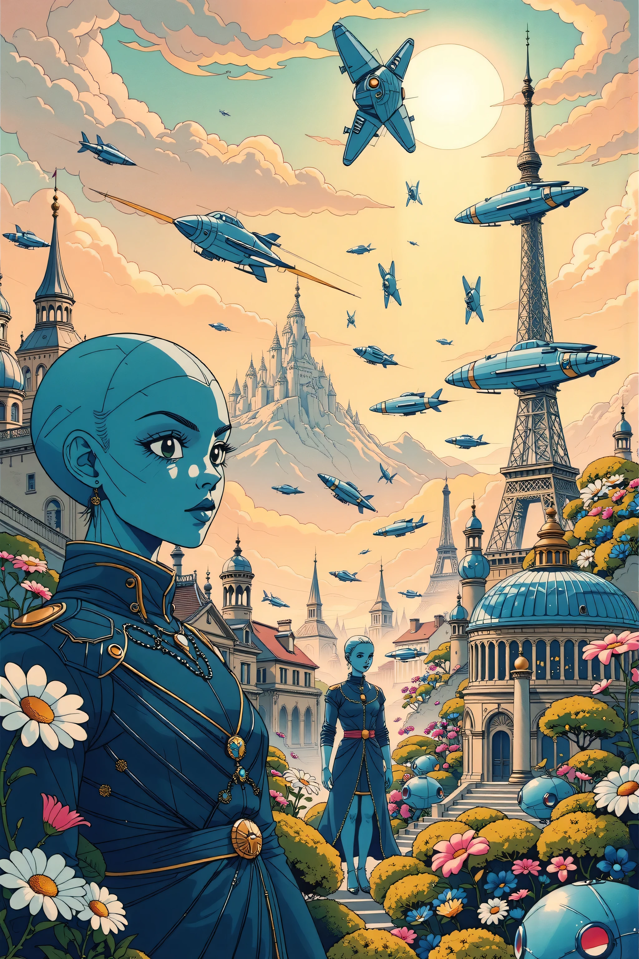 ((best quality)), ((masterpiece)), (detailed), perfect face, surreal, art nouveau, in the illustrative style of moebius, spaceships, aliens, fantasy, sci-fi, graphic novel, line drawing, french retro, 