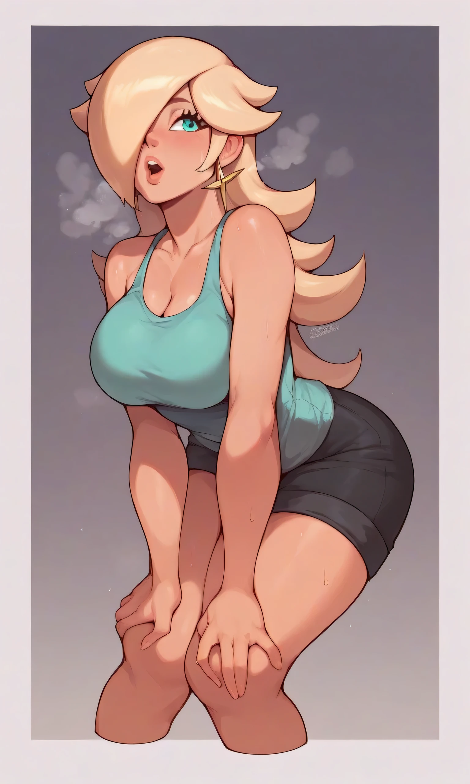 rosalina, blonde hair, long hair, hair over one eye, aqua eyes, cowboy shot, brown eyes, looking at the ground, large breasts, hands on knees, bending over, grey tanktop, sweaty, black shorts, extausted, open mouth, dripping sweat, sweating purfusly, chin sweating, arms sweaty, breathing, steam coming out her mouth, full body