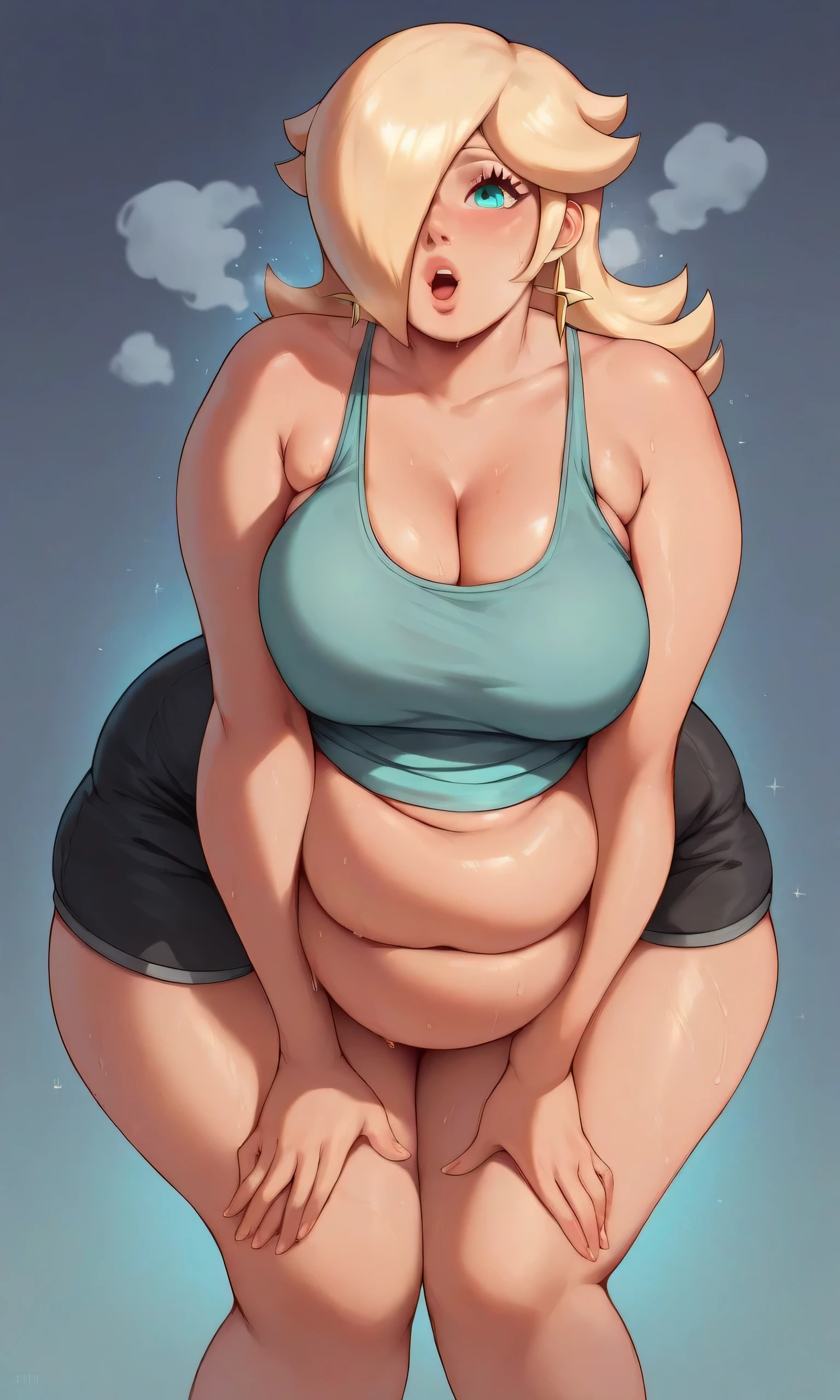 rosalina, blonde hair, long hair, hair over one eye, aqua eyes, cowboy shot, brown eyes, looking at the ground, large breasts, hands on knees, bending over, grey tanktop, sweaty, black shorts, extausted, open mouth, dripping sweat, sweating purfusly, chin sweating, arms sweaty, breathing, steam coming out her mouth, full bodythick, obese, soft belly, chubby, wide hips, sexy hips, big belly, thicc thighs
