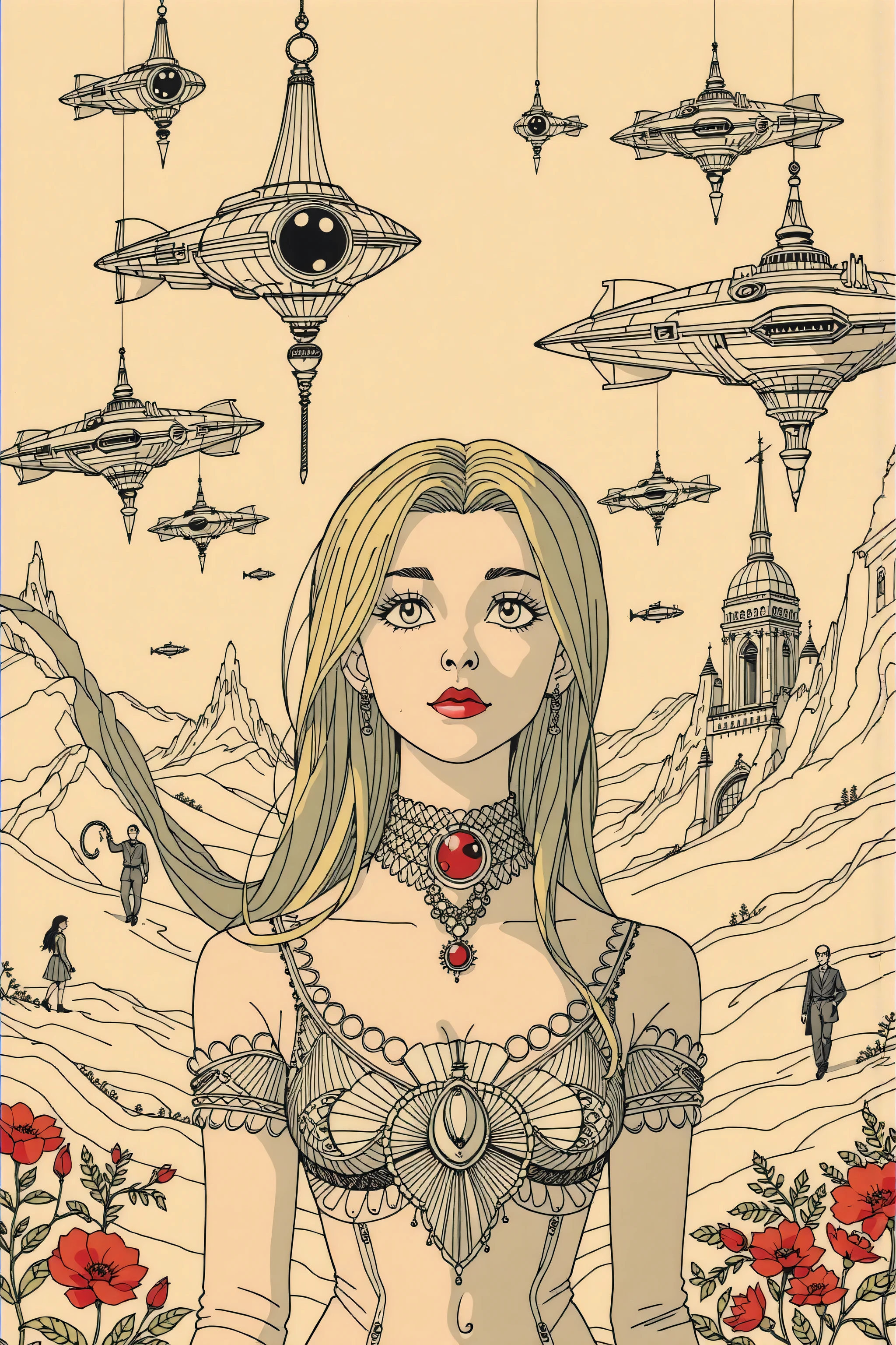 ((best quality)), ((masterpiece)), (detailed), perfect face, surreal, art nouveau, in the illustrative style of moebius, spaceships, aliens, fantasy, sci-fi, graphic novel, line drawing, french retro, 