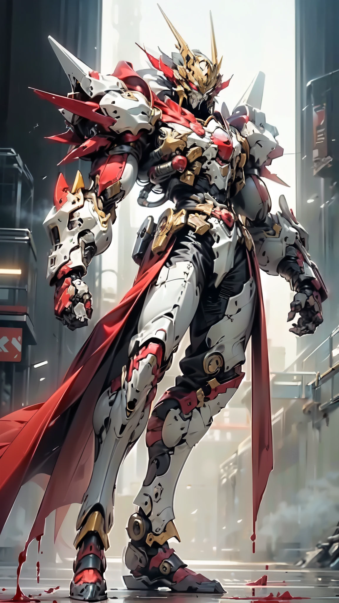 (masterpiece:1.5, best quality:1.5, extremely delicate:1.5), ((male:1.5)), a man wearing a full-face helmet, high-tech biomimetic armored combat suit, (a composite layered chest armor), the design balances heavy with agility, fully enclosed shoulder guards, matching arm and leg guards, a belt of gemstone, (the color scheme is primarily Red with Purple and Yellow accents, Organic Biotech, Concept Inspired by Vampire, glowing eyes, armor glows, huge cloak like devil wings, blood), stand of a futuristic sci-fi city, this character embodies a finely crafted fantasy-style armored hero in anime style, exquisite and mature art style, metallic, high definition, highres, ultra-detailed, ultra-fine painting, professional, perfect body proportions, golden ratio, anatomically correct, symmetrical face, extremely detailed eyes and face, high quality eyes, creativity, RAW photo, UHD, 32k, Natural light, cinematic lighting, (masterpiece-anatomy-perfect:1.2)