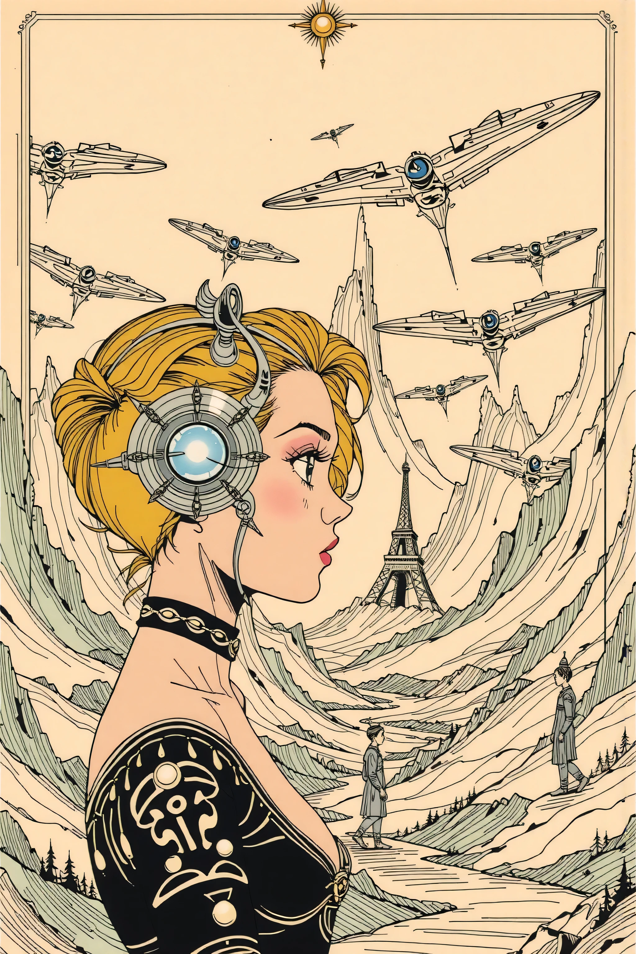 ((best quality)), ((masterpiece)), (detailed), perfect face, surreal, art nouveau, in the illustrative style of moebius, spaceships, aliens, fantasy, sci-fi, graphic novel, line drawing, french retro, 