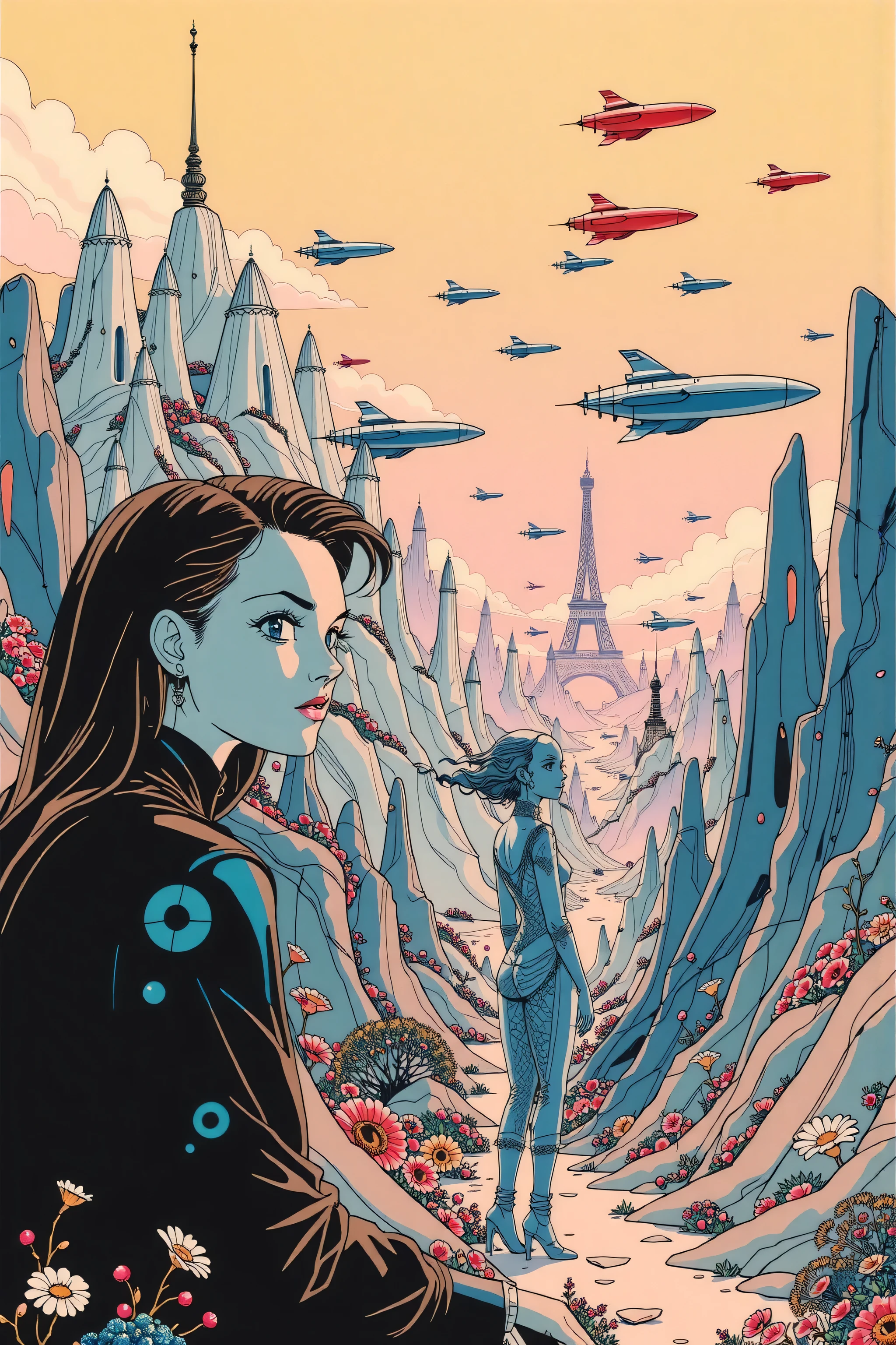 ((best quality)), ((masterpiece)), (detailed), perfect face, surreal, art nouveau, in the illustrative style of moebius, spaceships, aliens, fantasy, sci-fi, graphic novel, line drawing, french retro, 