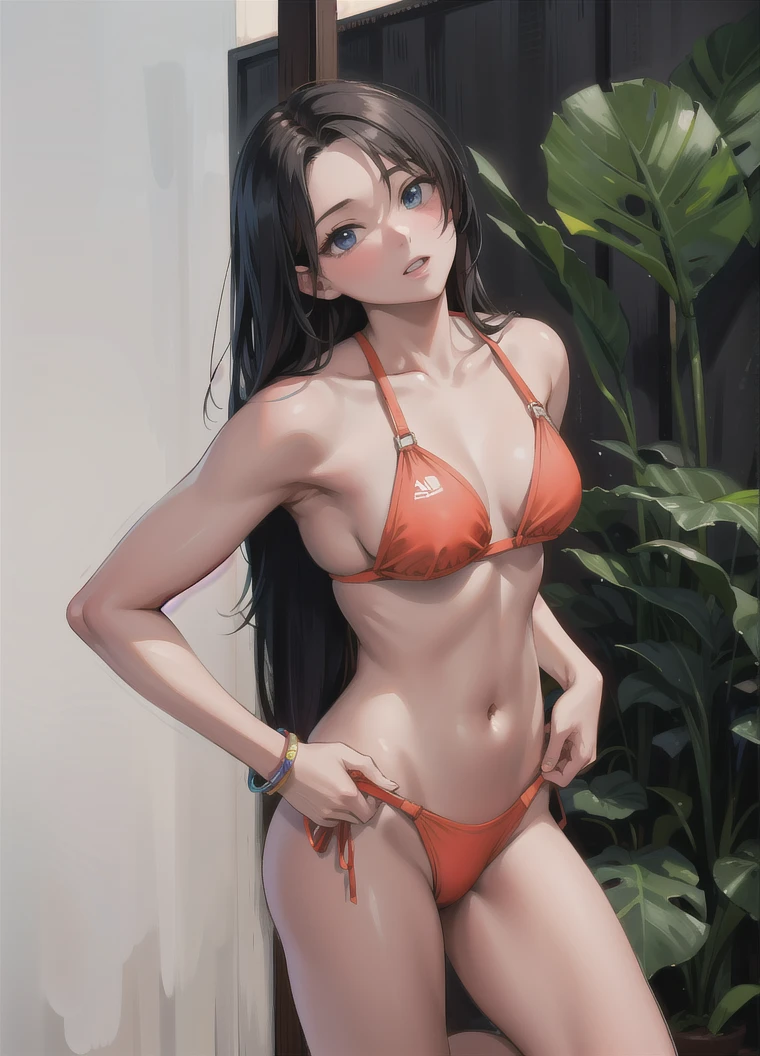 Anime girl in bikini posing for photo in bathroom, extremely detailed artistic germ, seductive anime girl, Realistic shadow perfect body, brown hair and perfect body, Most models | artistic germ, style artistic germ, Smooth anime CG art, realistic bikini, Cute sexy ass, Character in natural pose, Chun Li in the gym