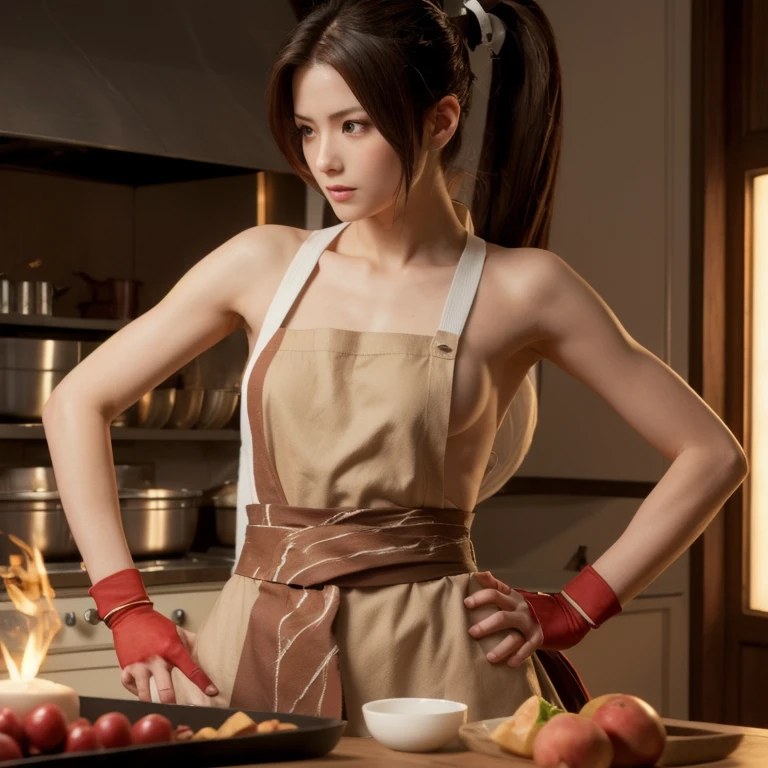 Mai Shiranui (KoF, Dead or Alive), .1girl, Solo, Masterpiece, High Resolution, Anatomically Correct, Textured Skin, Super Detailed, Best Quality, Long Hair, Ponytail, Fair skin, Brown Hair, Amber Eyes, Naked Apron, Kitchen, Reflection Light, Realism, Romanticism, 