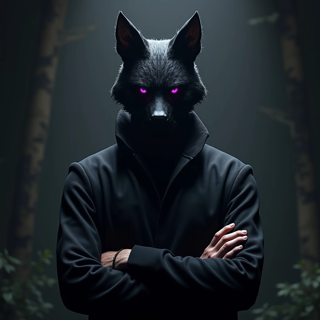 A menacing large werewolf, embodying the chilling aura of Jeff the Killer, is depicted in this image. His distinctive features are highlighted with an ominous purple glow, contrasting against the white hoodie he wears. The hoodie, worn casually over his muscular form, hangs loosely on his broad shoulders. The image is rendered in high quality, with an intricate detail that brings out every hair on his fur-covered body. The vibrant purple eyes seem to pierce through the shadows, emanating a chilling presence. The lighting is dramatic, casting eerie shadows that accentuate the werewolf's menacing appearance. This masterpiece, trending on