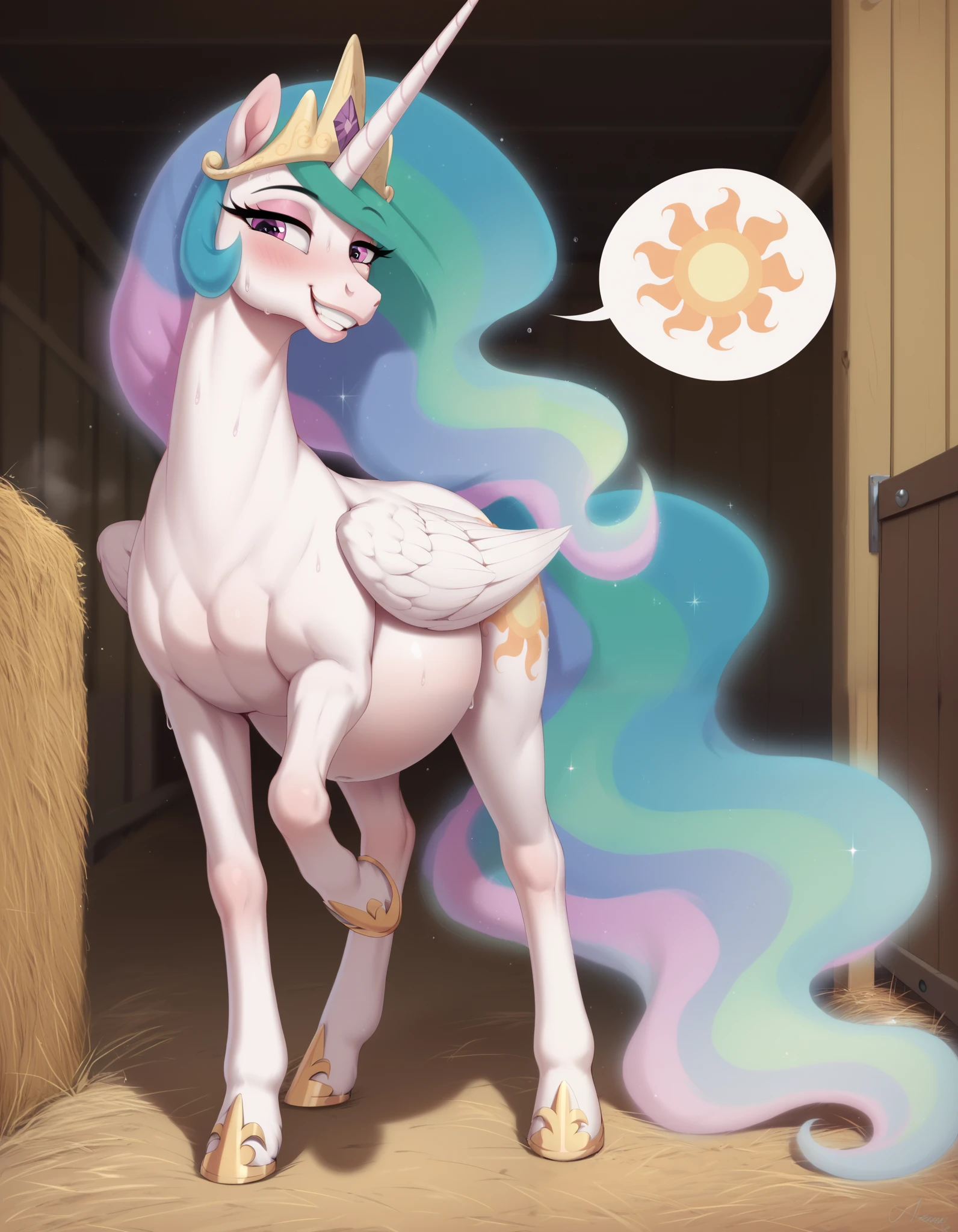 1female horse, feminine, background, blush, feminine, (solo), nude, (sweat), horse tail, feral horse, animal,  long mane, in heat, raised tail, feral celestia, (princess celestia), (alicorn), long mane, large expressive eyes, eyeshadow, (feral horse:1.4), (mature horse), bedroom-eyes, (equine face:1.2), horse face, (adult feral celestia), smile, teeth, grin, face focus, spoken heart, glancing up at viewer, proud, smug, hooves_art, full body, horse body, pregnant, pregnancy, fetal movement, kicks, unborn kicking.