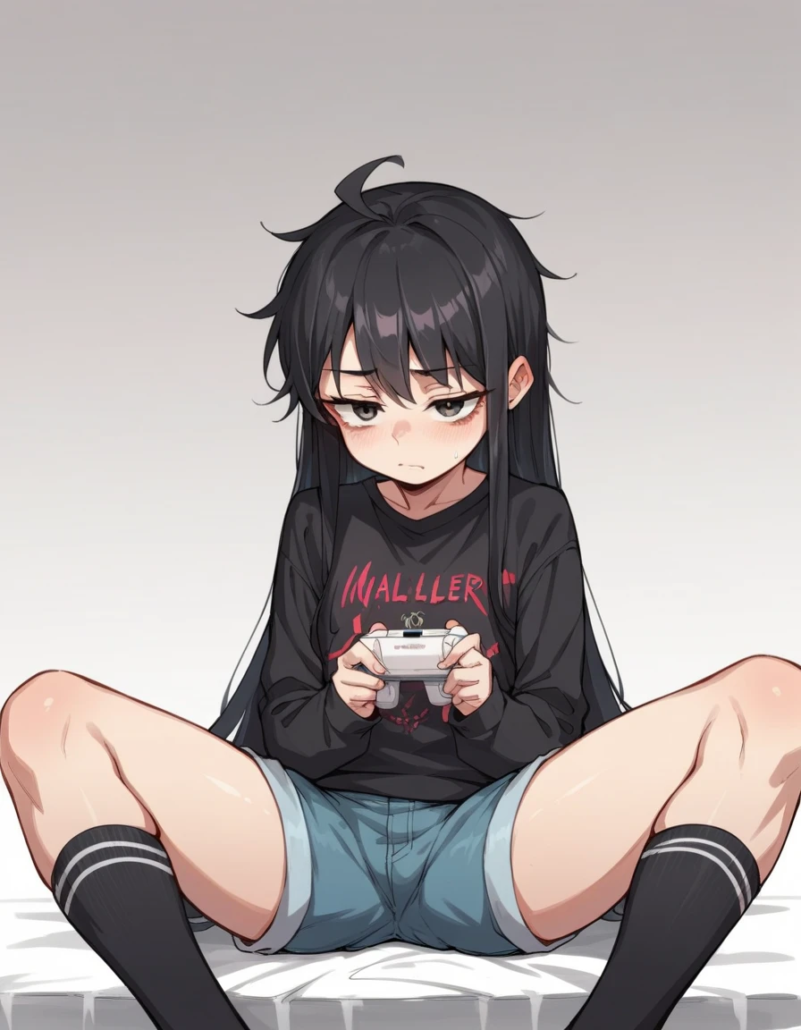 Loli shy , Loli adorable , marked dark circles, tired,  big black sweater,  shorts, black socks , sitting,  legs spread,  black hair,  long hair , disheveled, sitting en un escritorio,  playing video games , dark agitation ,  messy agitation .