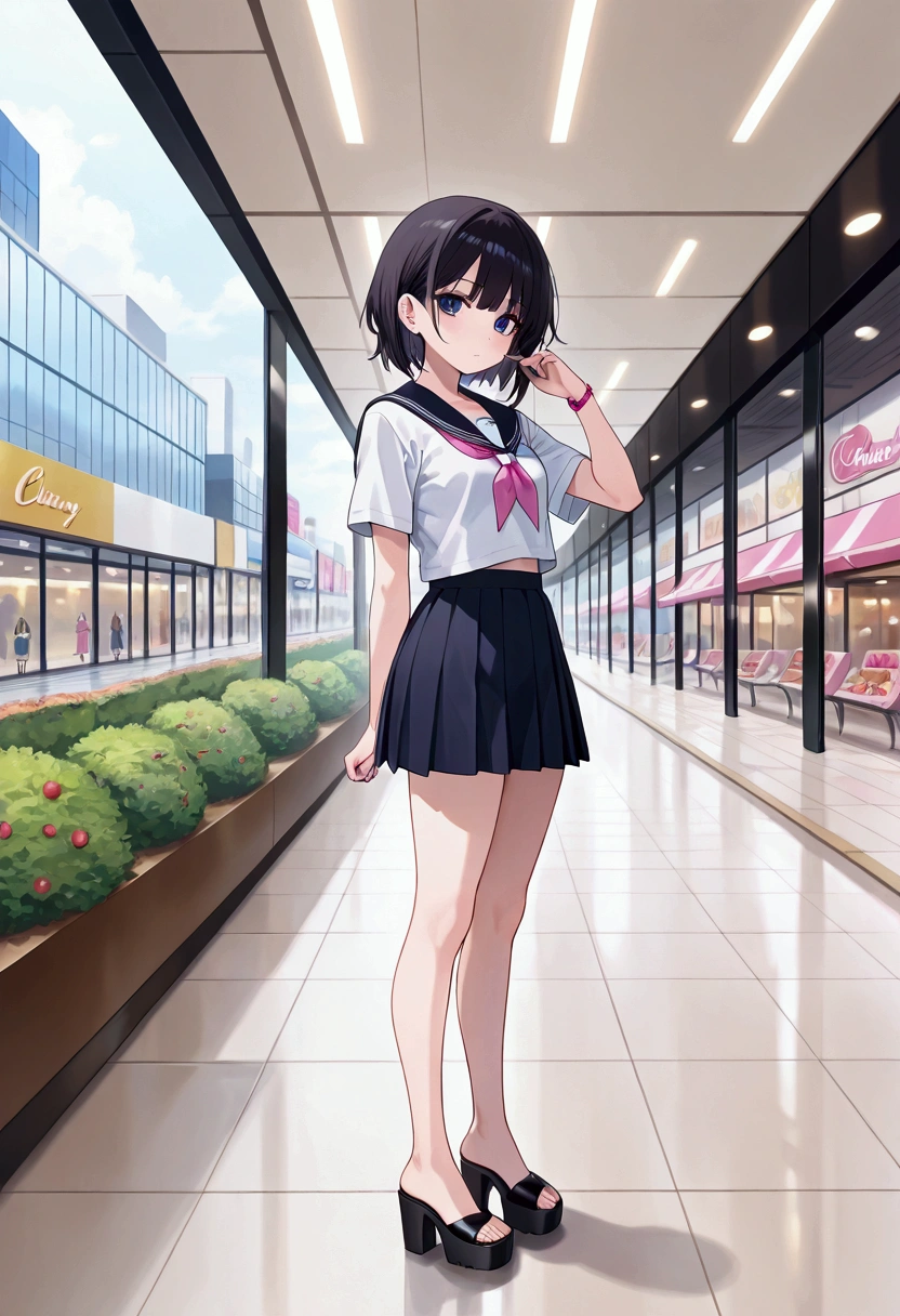 ,full body,high quality,looking_at_viewer,black platform heels,barefoot,short school uniform,beautiful cute girl,_body,high definition,detailed body and face,outdoor,mall,small breasts