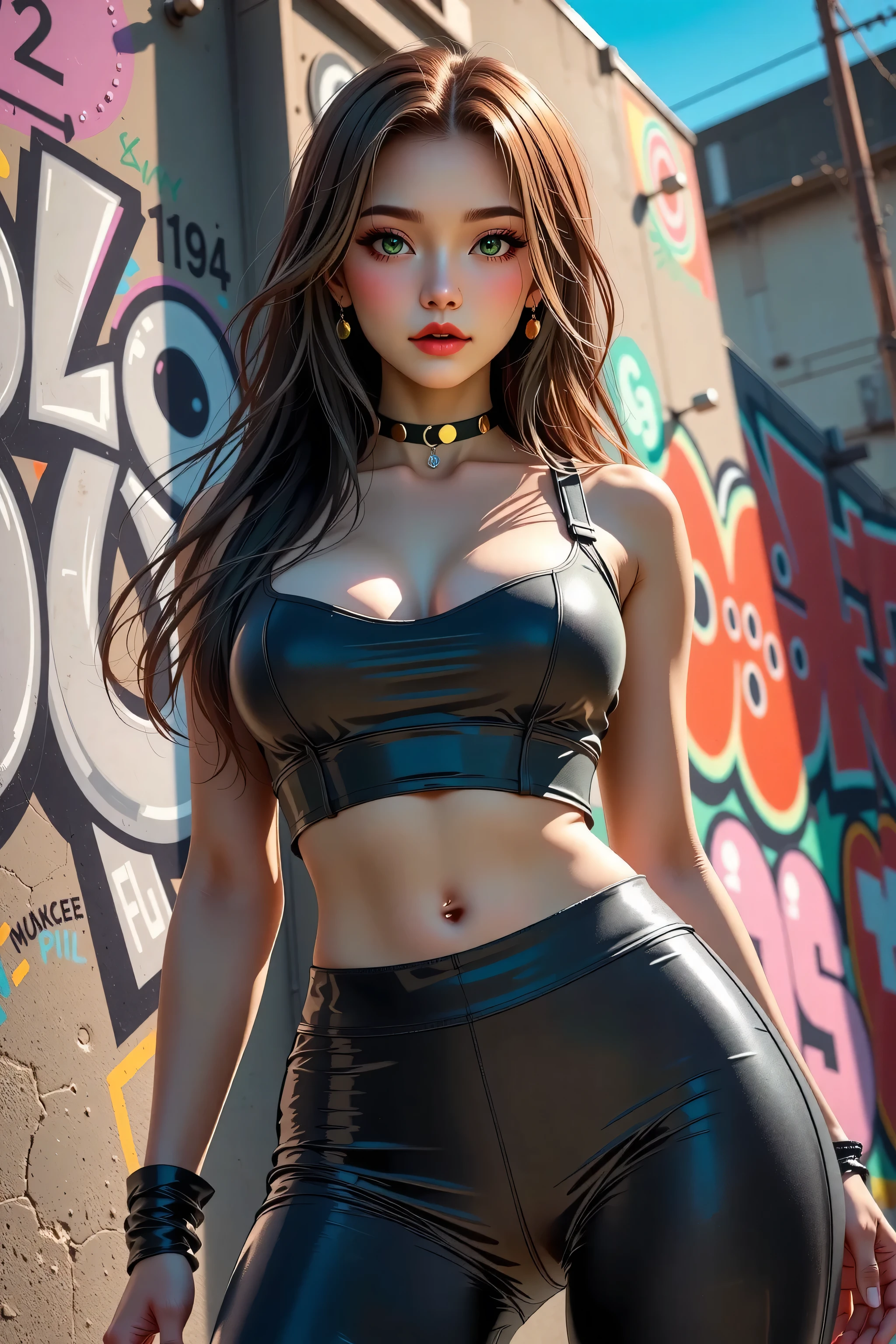 (masterpiece, best quality:1.4), official art, absurdres, vivid colors, girl, asian ****, beautiful eyes, tight crop top, tight yoga pants, choker, (splash ink, graffiti on wall:1.2), navel, slender, standing, from below, cowboy shot, small waist, thick thighs, (arch back, perky butt:0.6), sharp focus, dynamic lighting, cinematic lighting, dramatic shadow, highres, ultra detailed, finely detail, extremely detailed, detailed eyes and face, sharp pupils, realistic pupils, simple background, big breasts, cleavage, 