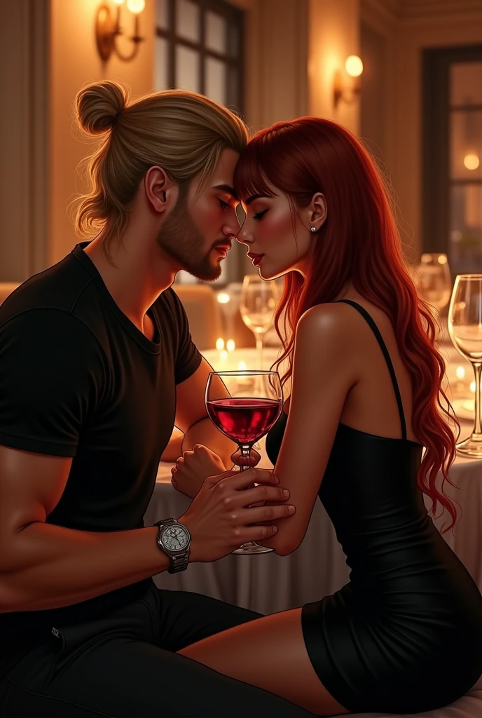 redhead woman with a red haired man,drinking wine, she sat on his lap