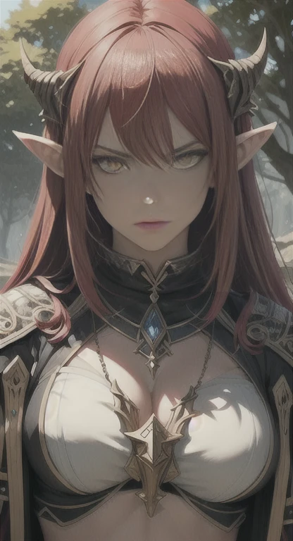 Extremely realistic shading, masterpiece, extremely detailed, photorealistic, red hair, Yellow eyes, Tan skin, Supreme arcane, Hylia, Sheikah everywhere, Hylia covered in tribal garb, Yggdrasil tribe, glaring at a viewer confused, pointed ears, tree Hut in background,