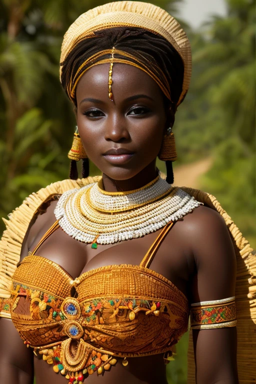  rural woman from Ivory Coast in traditional attire, Sexy neckline ,  Big breasts  (1.3),bela,  traditional Ghanaian scarf , simple bijoux , posing for the photo,  looking directly at the viewer , very  Big breasts , pose sexy,  Detailed expression , the whole body (1.2)