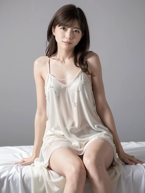 (Transparent and transparent nightgown), (Almost naked nightgown), Cute girl, wearing only a nightgown that shows through her skin, ((Sitting on the bed with her legs spread and showing off her crotch)), her nipples are coming out of a small size nightgown, a large size, shy, very embarrassing, view viewers, detailed skin, detailed face, slender, girl, best quality, ultra-detail, full HD, 4K, 8k